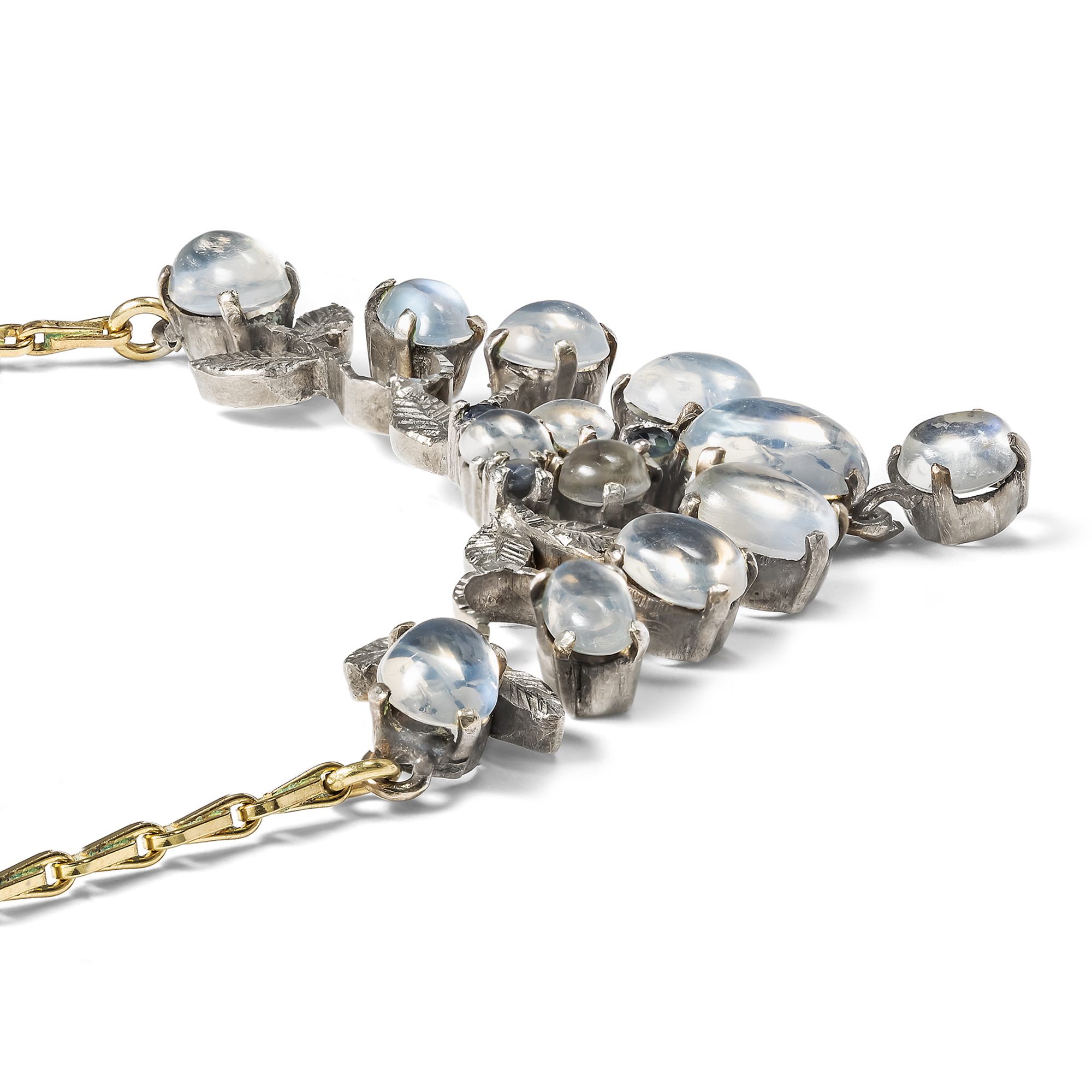Vintage Silver & Gold Necklace with Moonstones & Sapphires, c. 1985 Vintage Silver & Gold Necklace with Moonstones & Sapphires, c. 1985