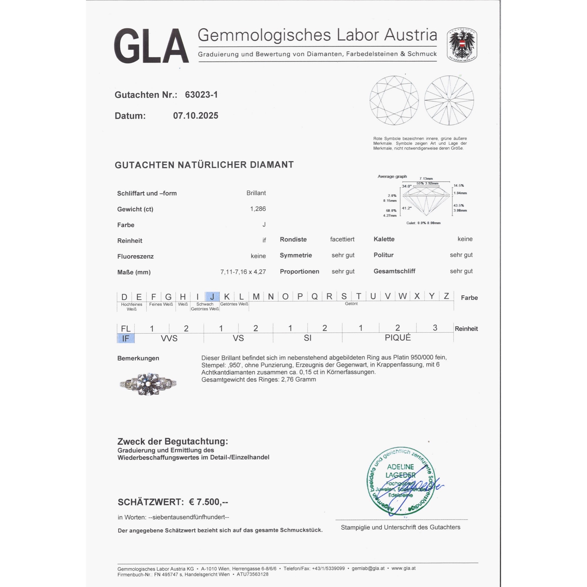 Elegant 1.28 ct Brillant Solitaire Ring in Platinum, from our Workshop Elegant 1.28 ct Brillant Solitaire Ring in Platinum, from our Workshop