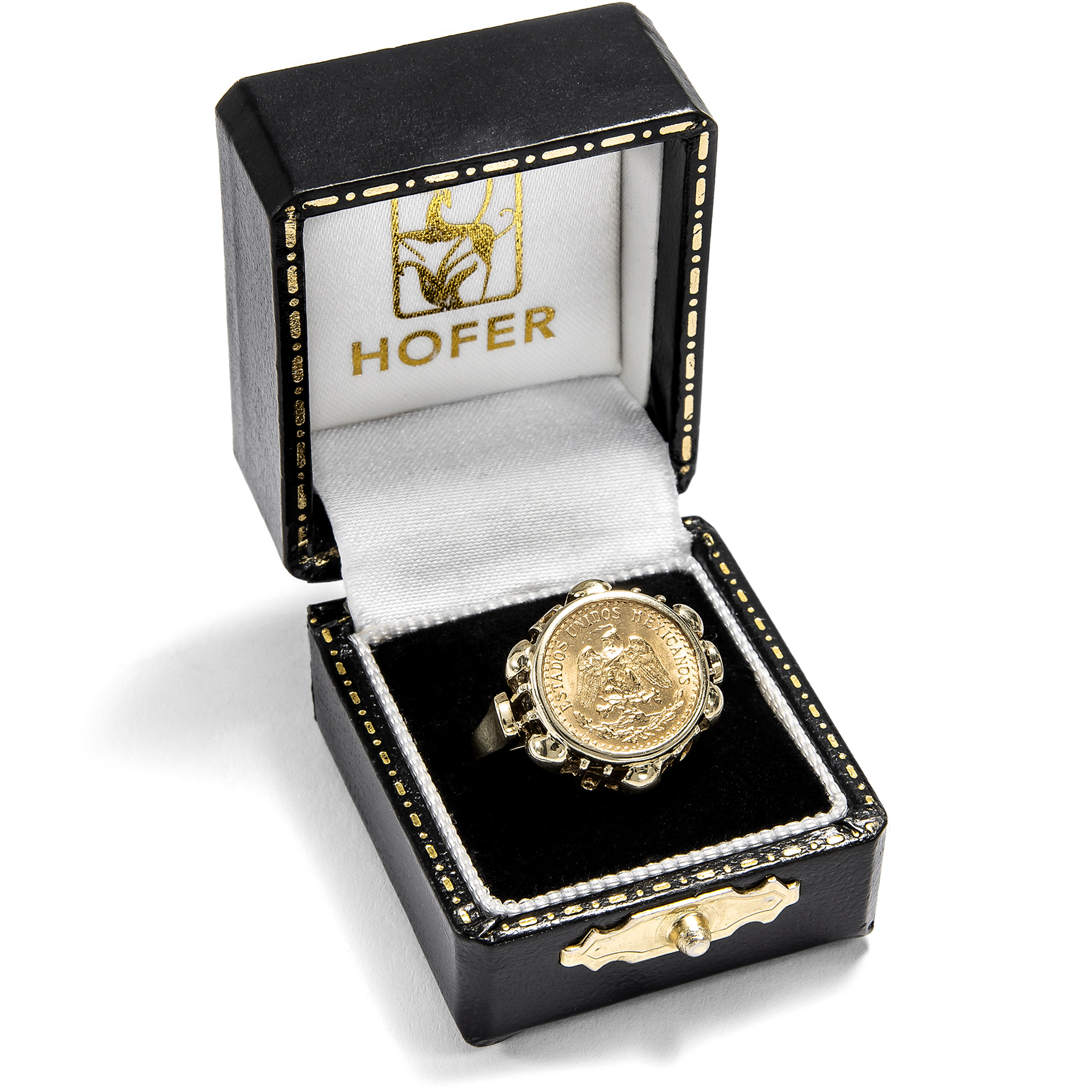 Ring With Dos Pesos Gold Coin From 1945 From Mexico, Germany Around 1955 Ring With Dos Pesos Gold Coin From 1945 From Mexico, Germany Around 1955