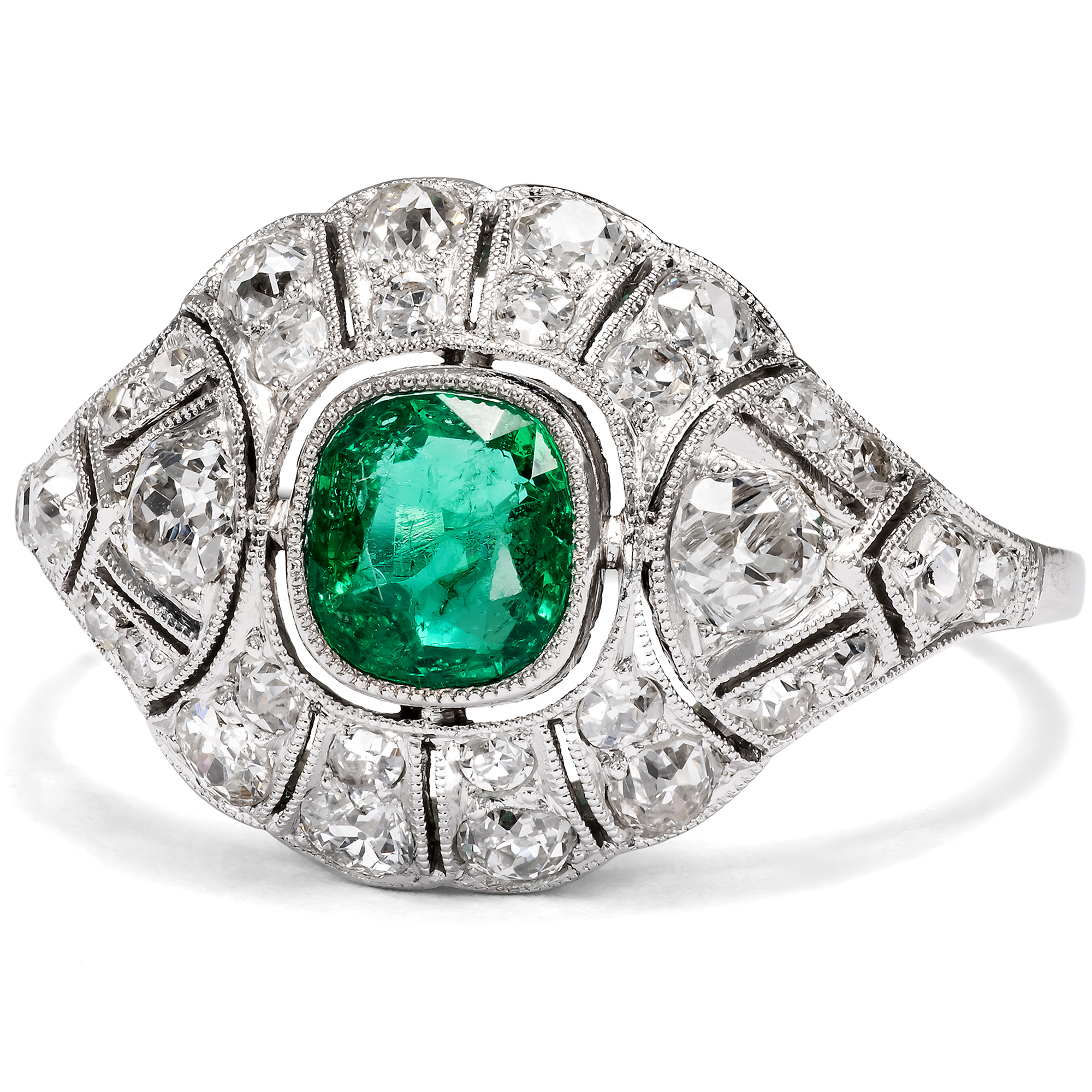 Eleganter Ring mit kolumbianischem Smaragd & Diamanten des Art Déco, um 1930 Eleganter Ring mit kolumbianischem Smaragd & Diamanten des Art Déco, um 1930