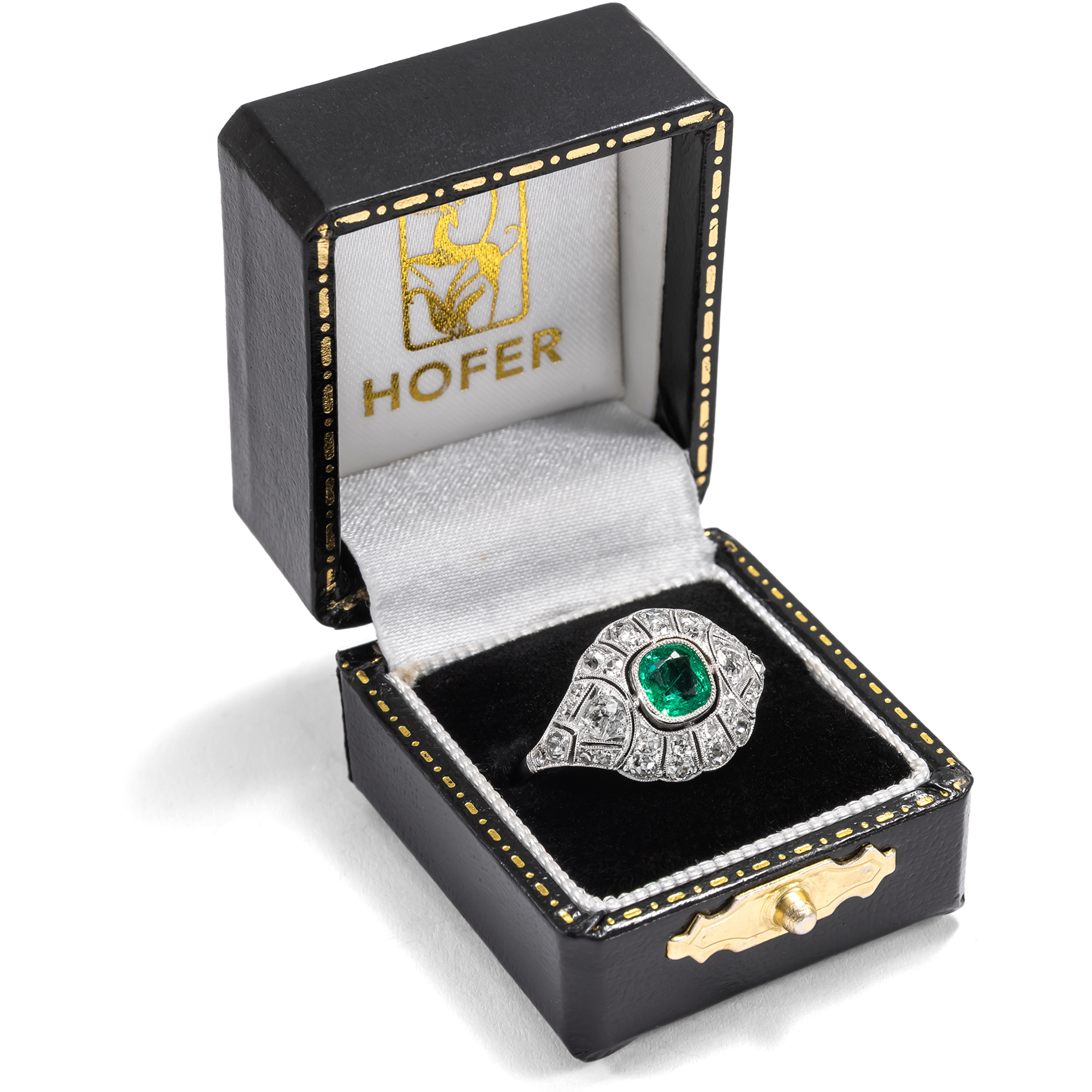 Eleganter Ring mit kolumbianischem Smaragd & Diamanten des Art Déco, um 1930 Eleganter Ring mit kolumbianischem Smaragd & Diamanten des Art Déco, um 1930