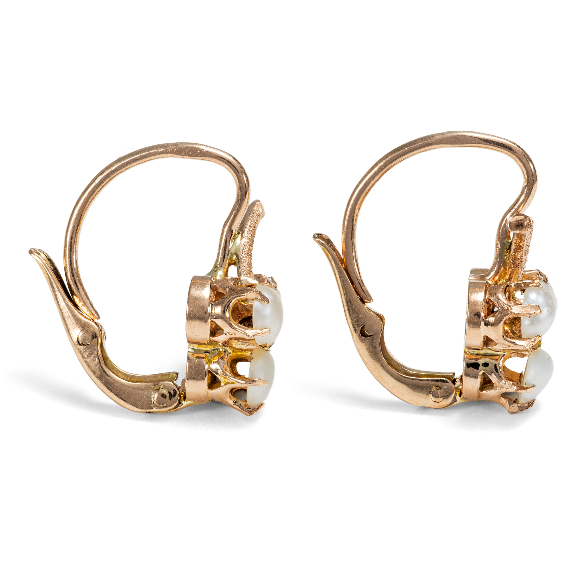 Antike Ohrringe mit Naturperlen & Diamantrosen in Gold, um 1890 Antike Ohrringe mit Naturperlen & Diamantrosen in Gold, um 1890