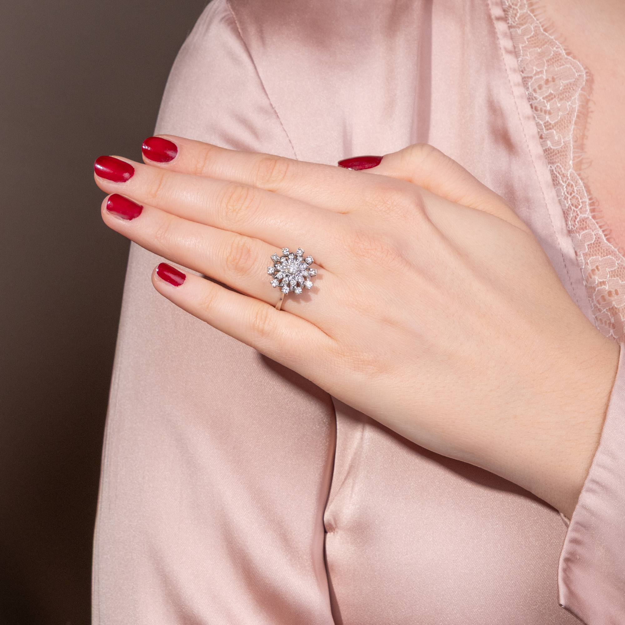 Modernist Cluster Ring with Diamonds in White Gold, c. 1970s Modernist Cluster Ring with Diamonds in White Gold, c. 1970s