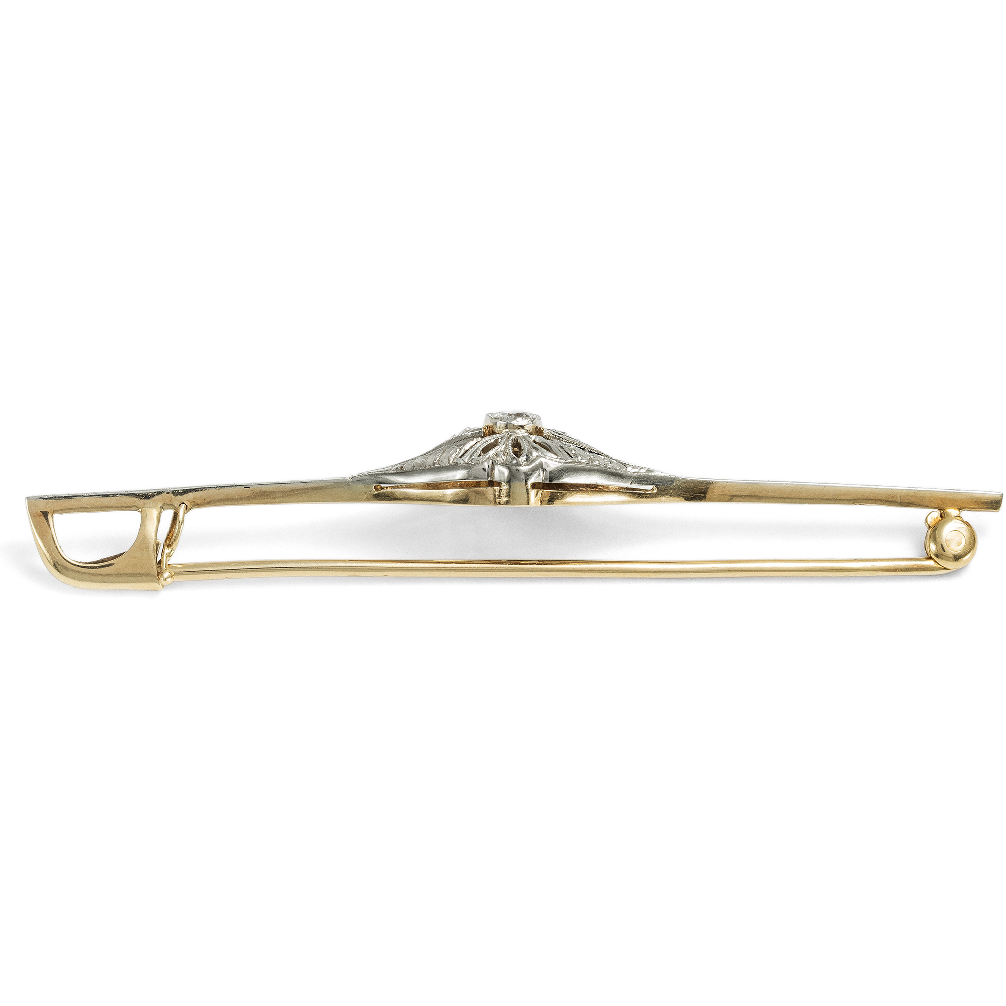 Dainty Art Deco Bar Brooch with Diamonds in Yellow & White Gold, c. 1925 Dainty Art Deco Bar Brooch with Diamonds in Yellow & White Gold, c. 1925