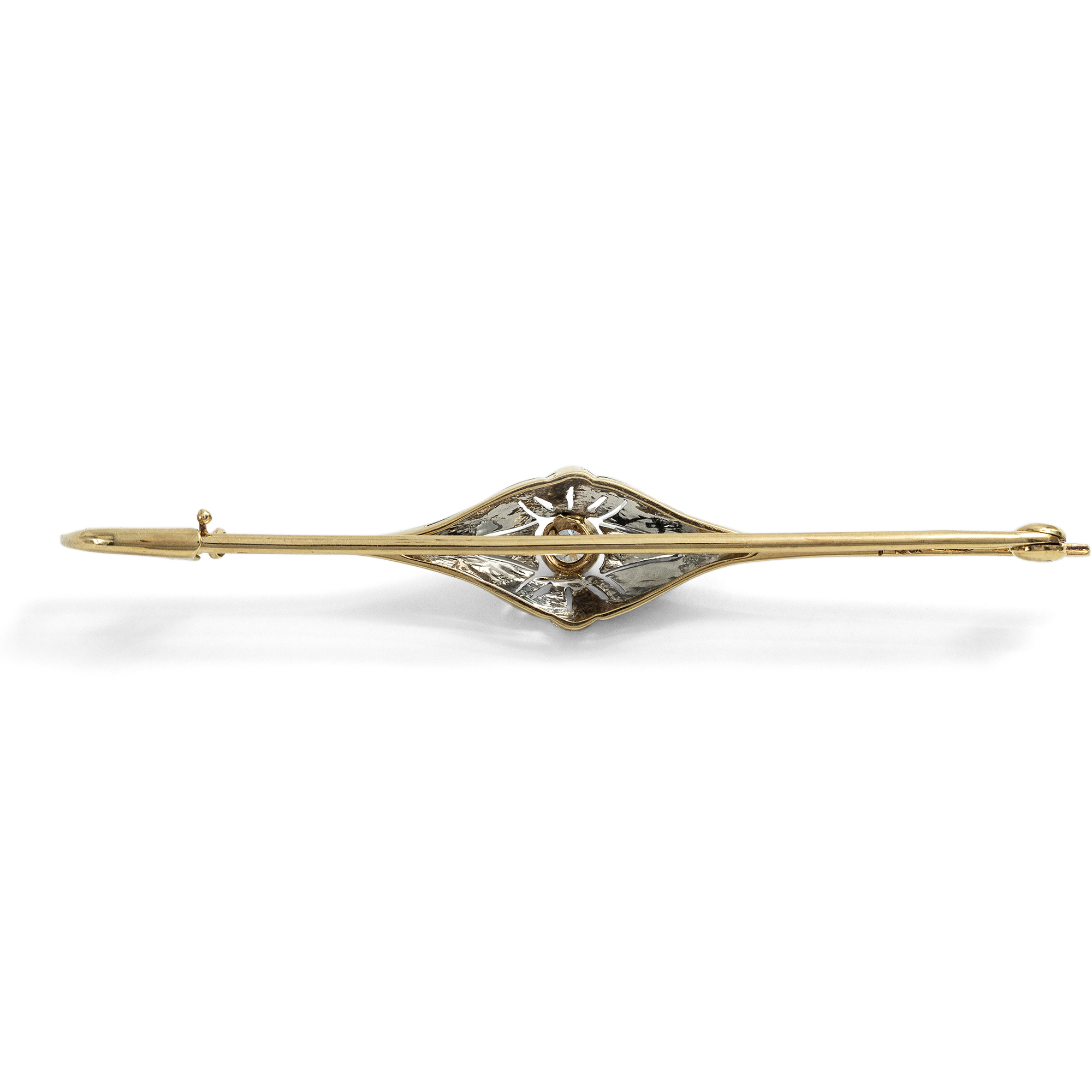Dainty Art Deco Bar Brooch with Diamonds in Yellow & White Gold, c. 1925 Dainty Art Deco Bar Brooch with Diamonds in Yellow & White Gold, c. 1925
