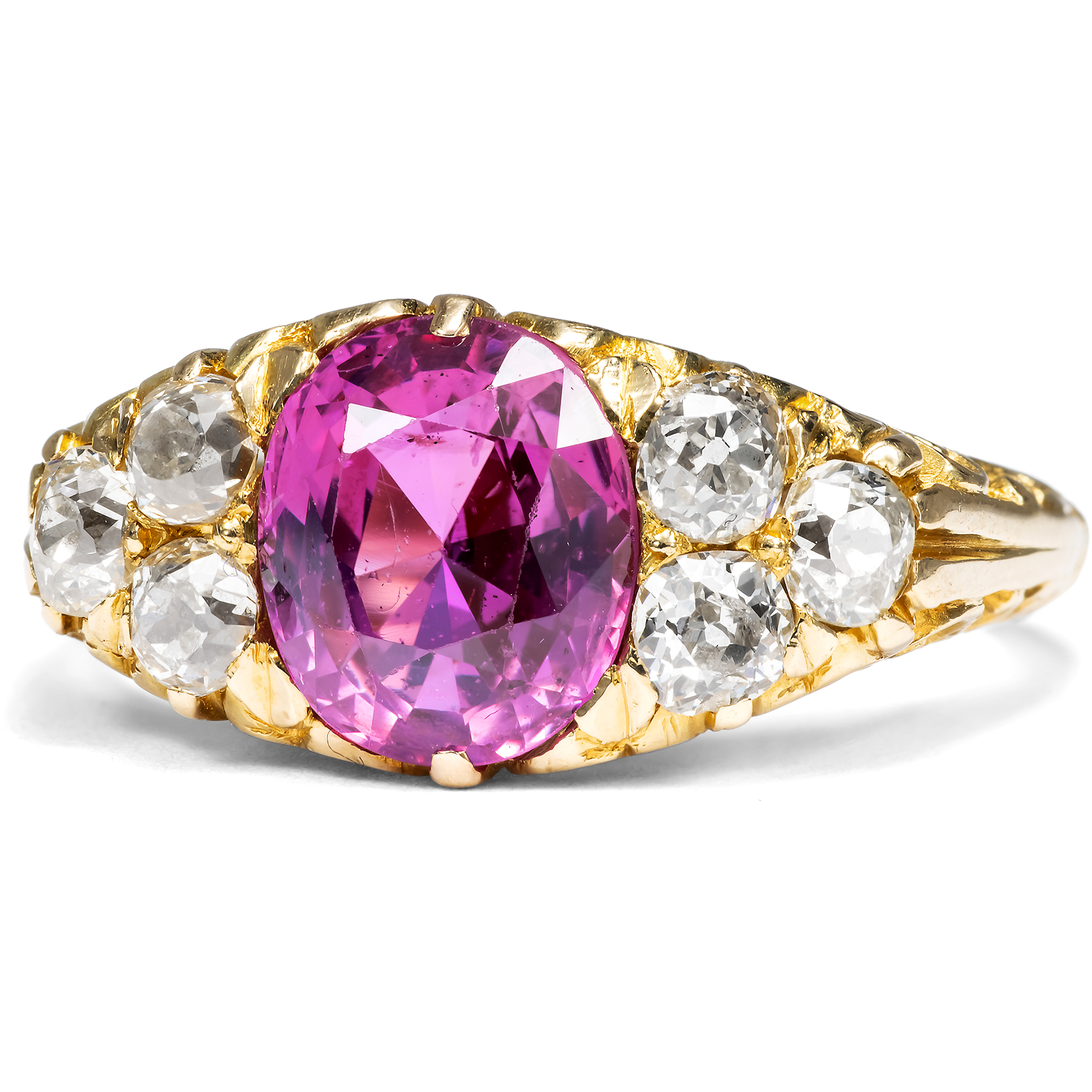 Viktorianischer Ring mit unbehandeltem pinkem Saphir & Diamanten in Gold, um 1890 Viktorianischer Ring mit unbehandeltem pinkem Saphir & Diamanten in Gold, um 1890
