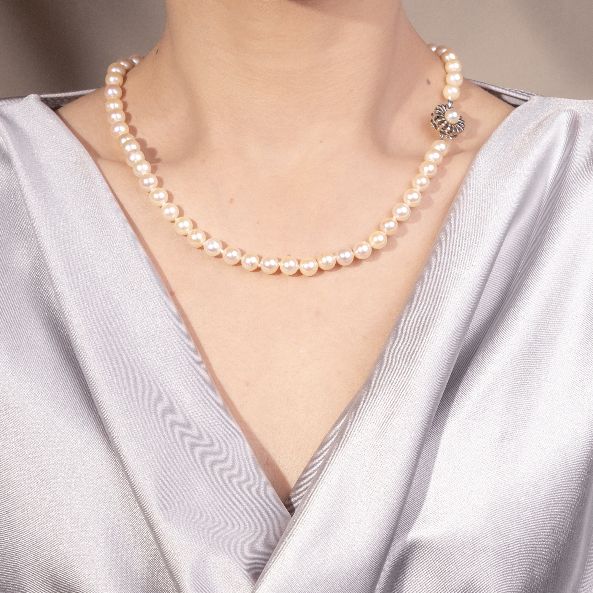 Beautiful "Collier Princesse" Made Of Akoya Cultured Pearls with White Gold Clasp, c. 1980 Beautiful "Collier Princesse" Made Of Akoya Cultured Pearls with White Gold Clasp, c. 1980