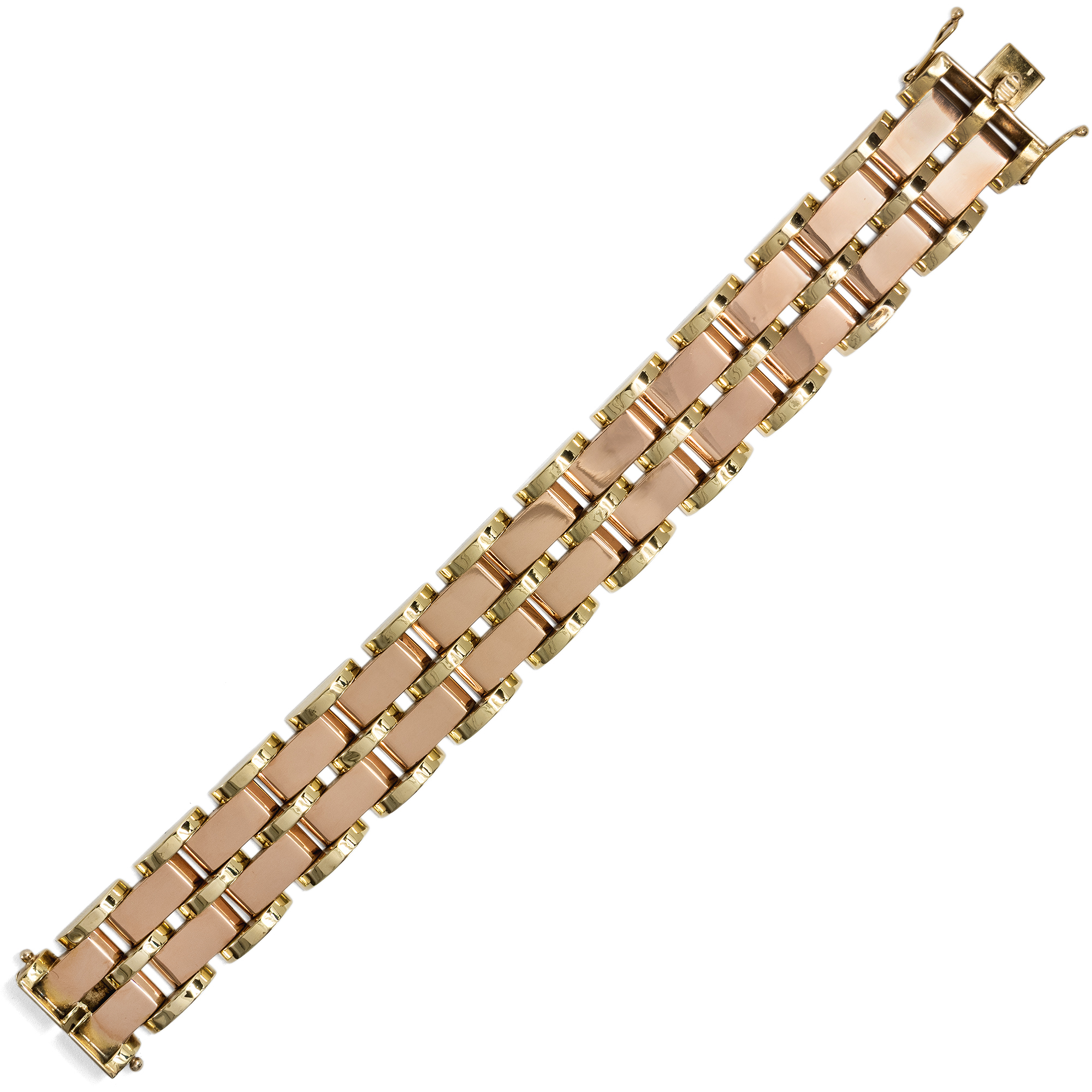 Wide Retro Style Bracelet in Rose Gold and Yellow Gold, c. 1950s Wide Retro Style Bracelet in Rose Gold and Yellow Gold, c. 1950s