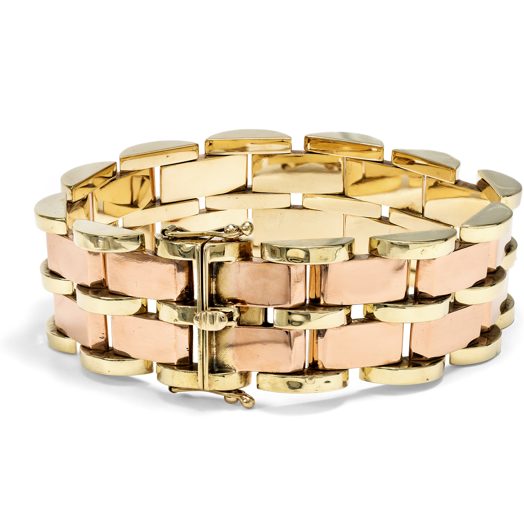Wide Retro Style Bracelet in Rose Gold and Yellow Gold, c. 1950s Wide Retro Style Bracelet in Rose Gold and Yellow Gold, c. 1950s