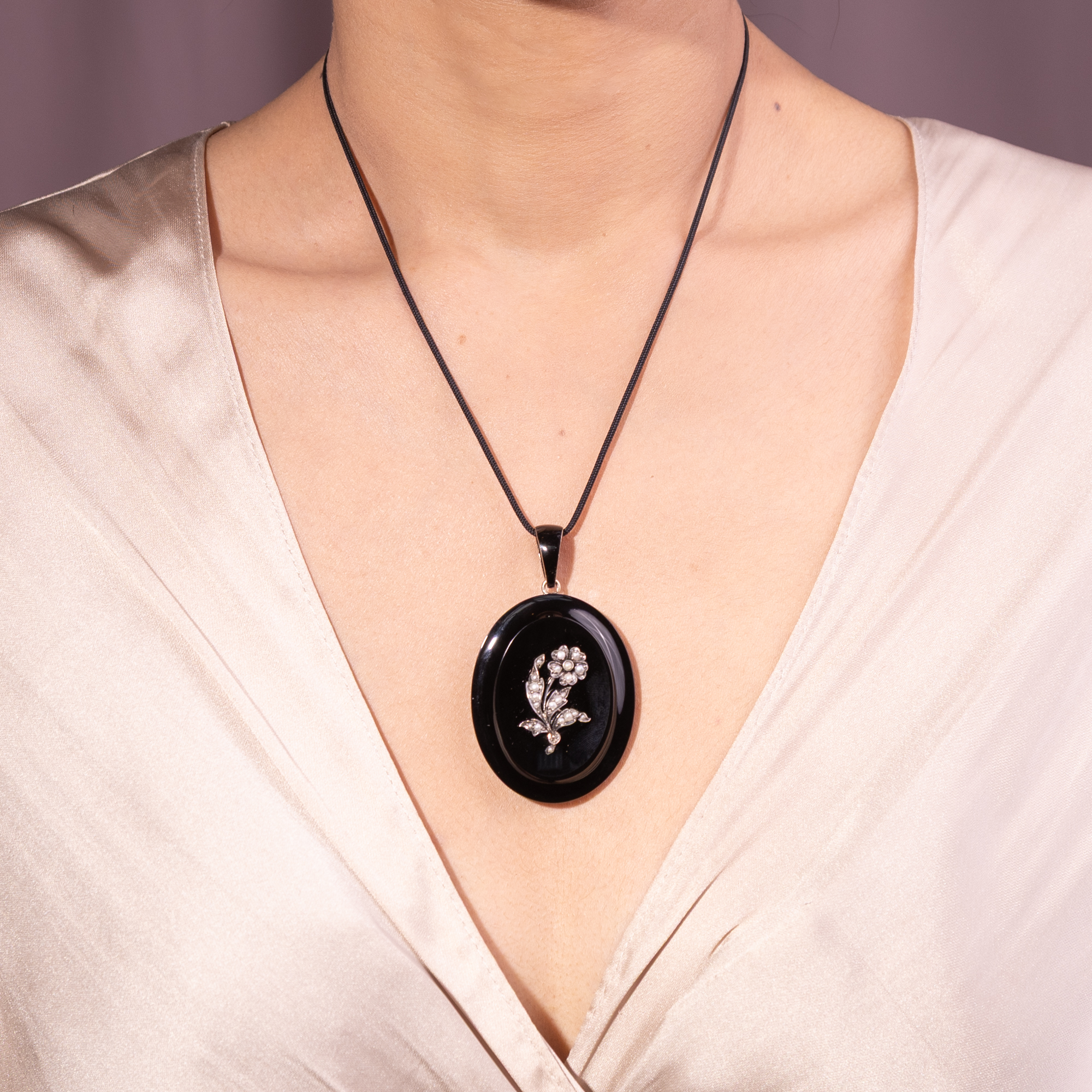Large Antique Locket Pendant of Onyx and Pearls, c. 1880 Large Antique Locket Pendant of Onyx and Pearls, c. 1880