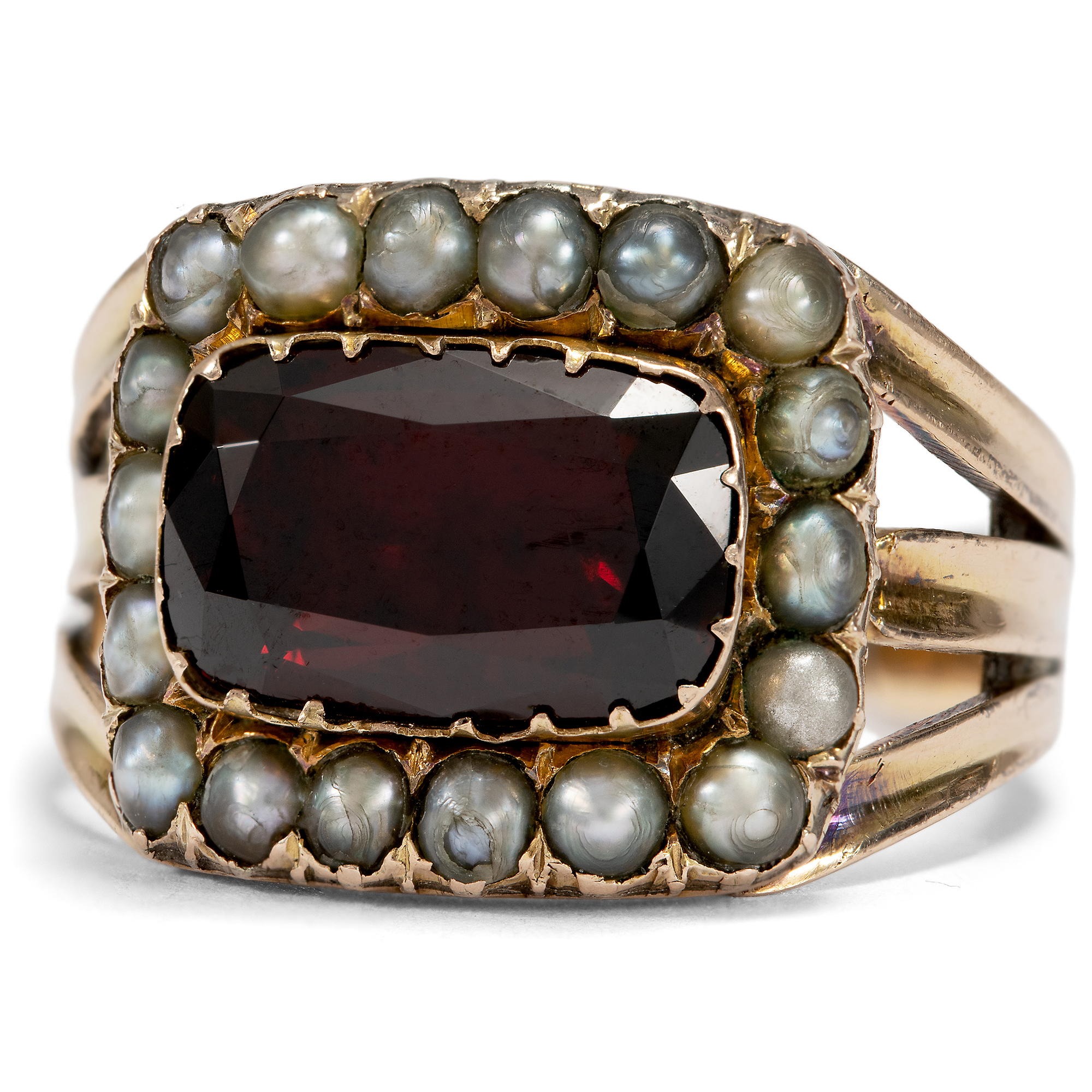 Victorian Mourning Ring with Garnet and Pearls in Gold, c. 1844 and later Victorian Mourning Ring with Garnet and Pearls in Gold, c. 1844 and later