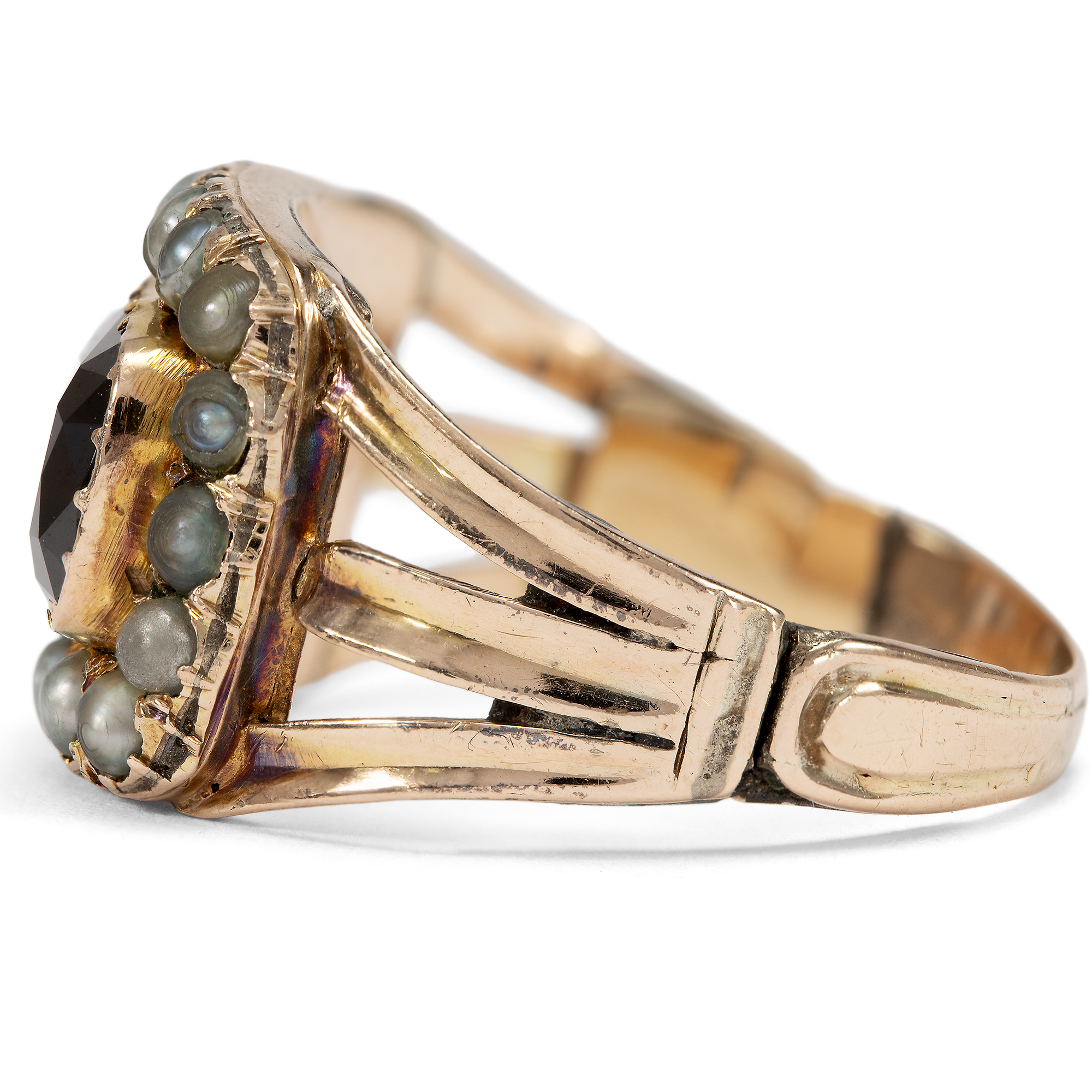 Victorian Mourning Ring with Garnet and Pearls in Gold, c. 1844 and later Victorian Mourning Ring with Garnet and Pearls in Gold, c. 1844 and later