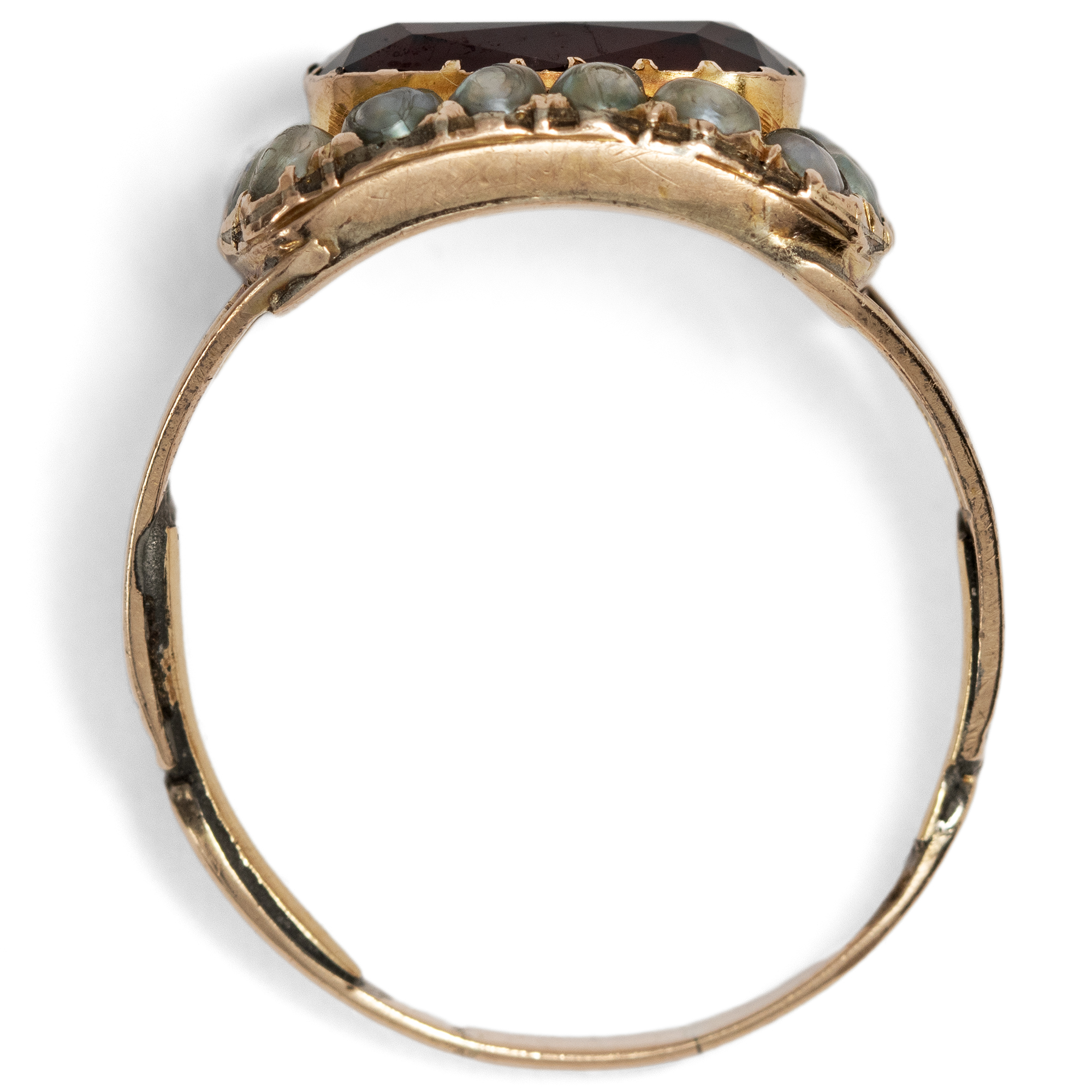 Victorian Mourning Ring with Garnet and Pearls in Gold, c. 1844 and later Victorian Mourning Ring with Garnet and Pearls in Gold, c. 1844 and later