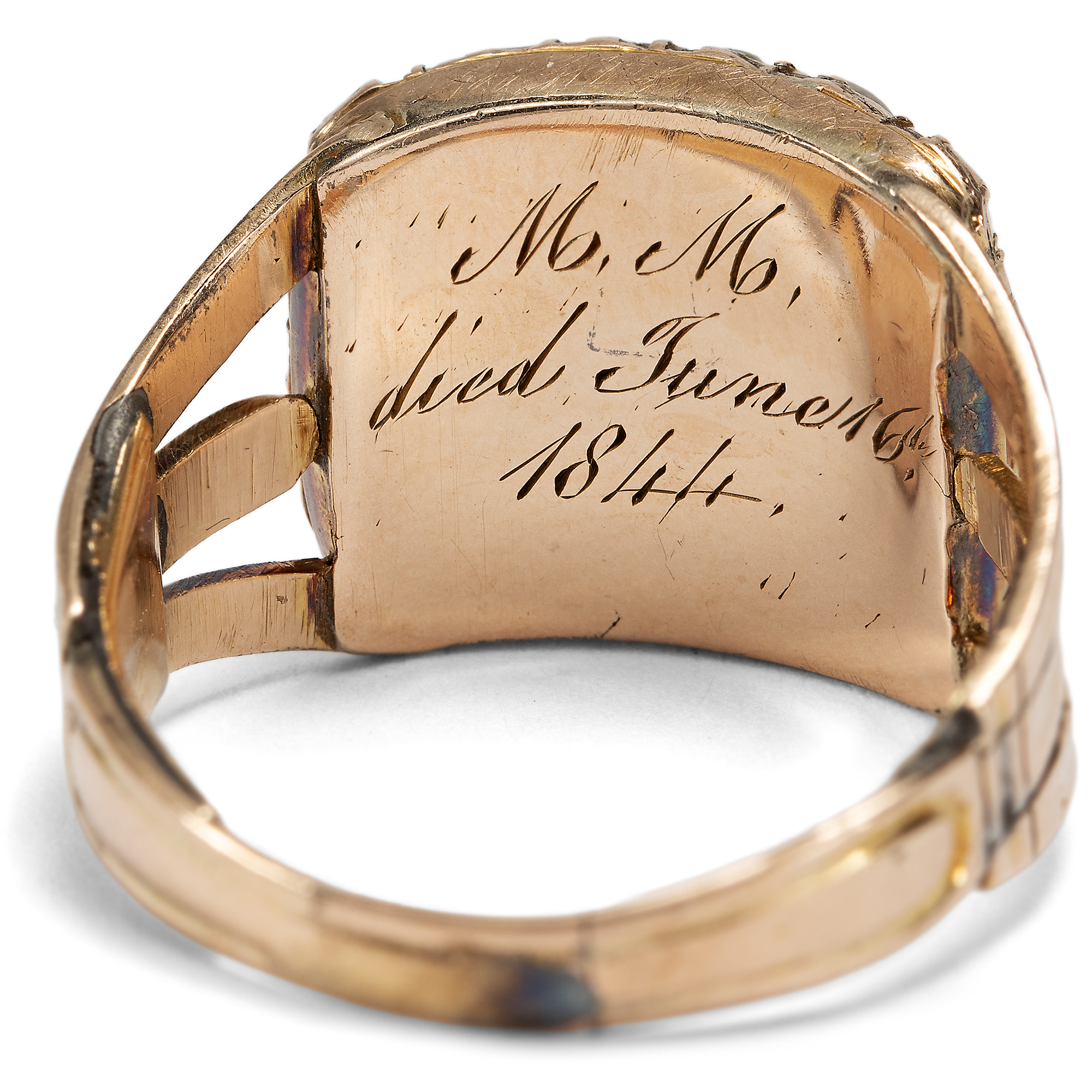 Victorian Mourning Ring with Garnet and Pearls in Gold, c. 1844 and later Victorian Mourning Ring with Garnet and Pearls in Gold, c. 1844 and later