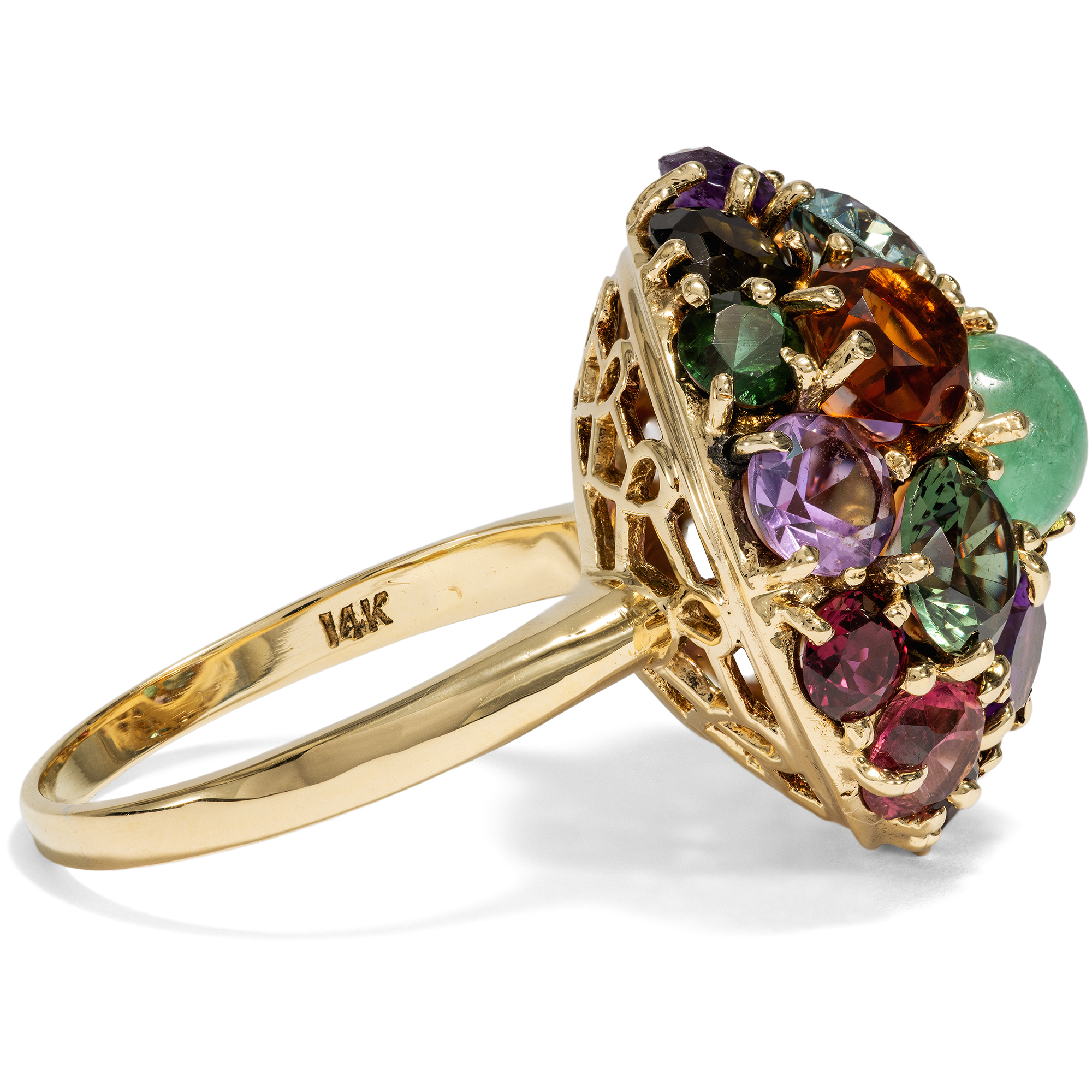 Farbenfroher vintage Ring mit bunten Farbsteinen in Gold, um 1975 Farbenfroher vintage Ring mit bunten Farbsteinen in Gold, um 1975