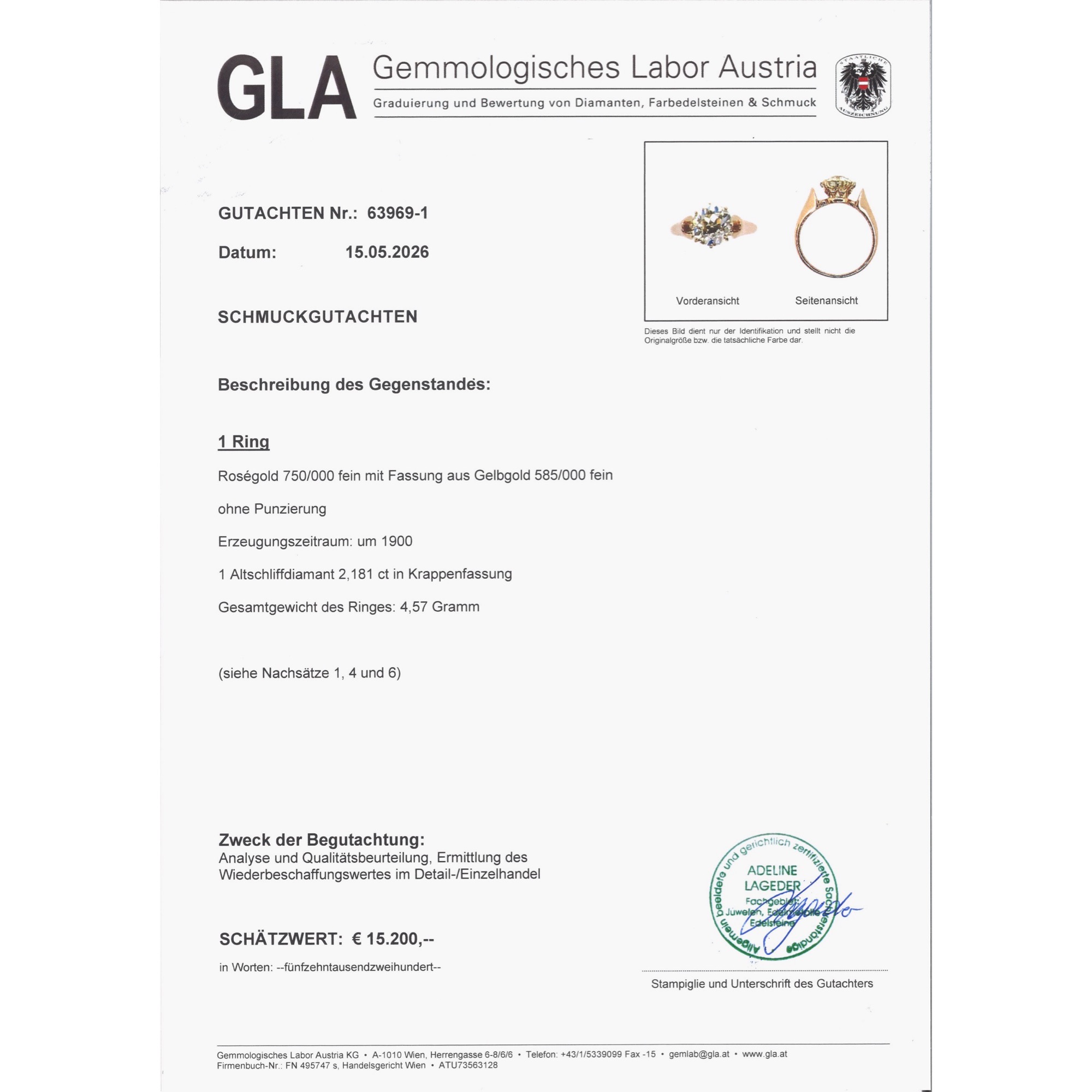 Antiker Verlobungsring aus Rotgold mit 2,18 ct Diamant im Altschliff, um 1890 Antiker Verlobungsring aus Rotgold mit 2,18 ct Diamant im Altschliff, um 1890