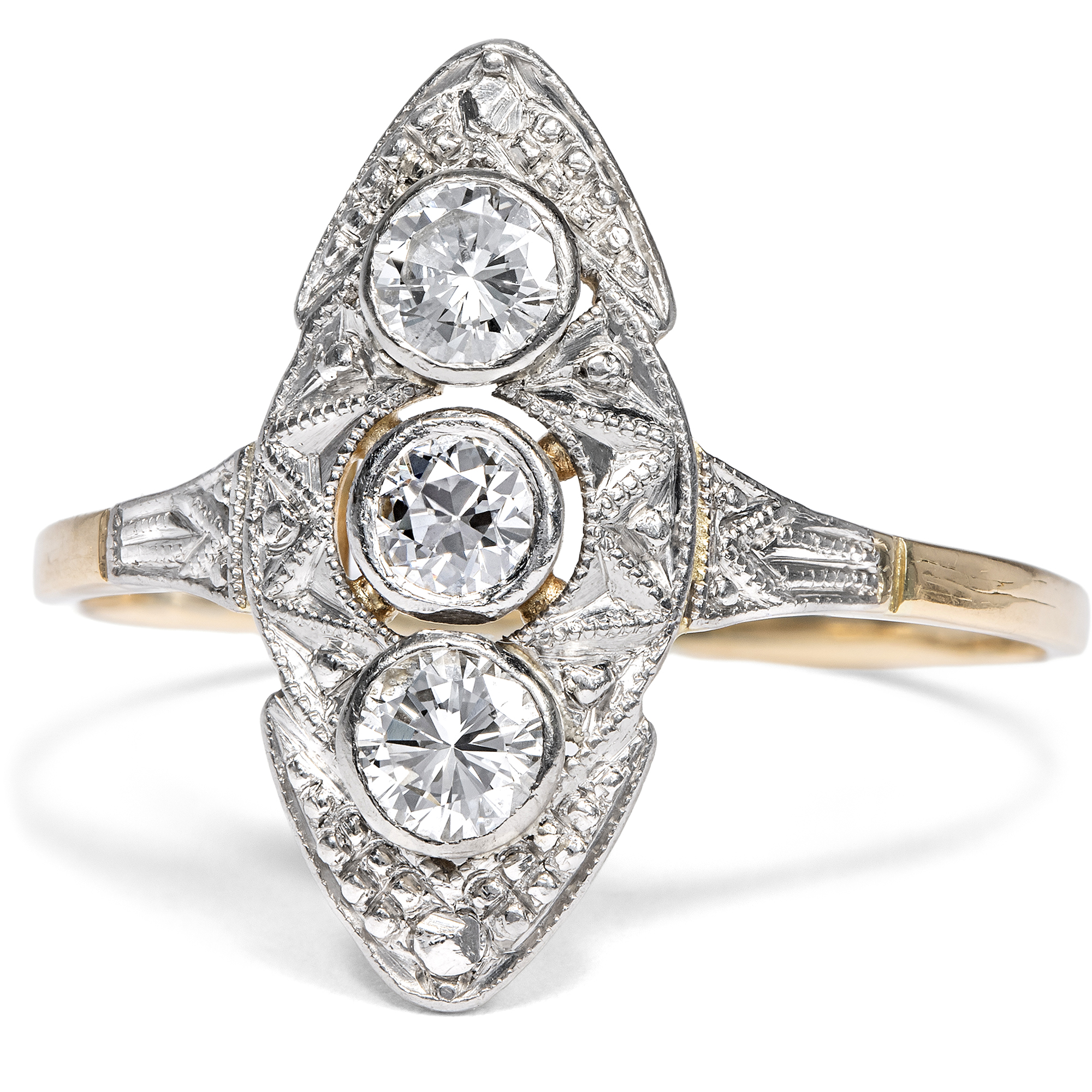 Antiker Ring mit Altschliff-Diamanten in Platin auf Gold, Deutschland um 1925 Antiker Ring mit Altschliff-Diamanten in Platin auf Gold, Deutschland um 1925