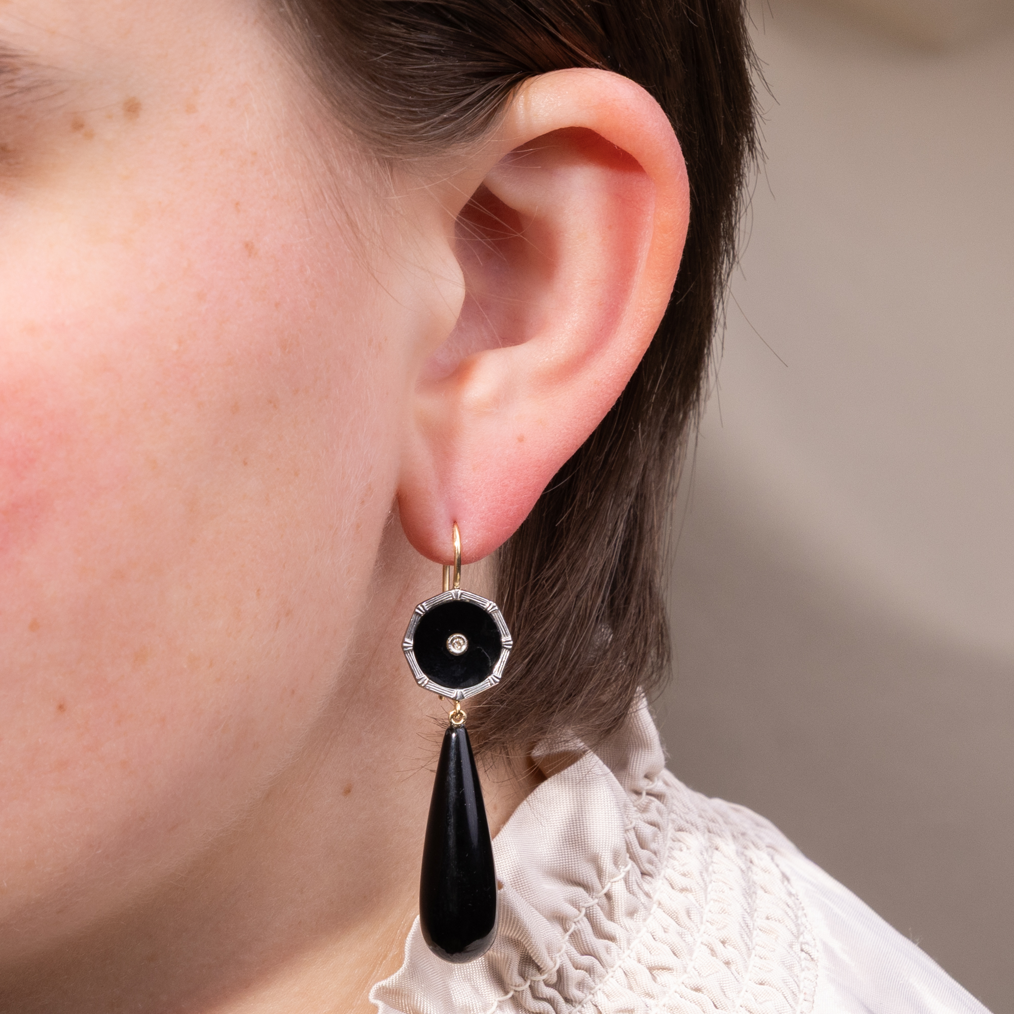 Earrings Made from Antique Shirt Buttons with Diamonds & Onyx from Our Workshop Earrings Made from Antique Shirt Buttons with Diamonds & Onyx from Our Workshop