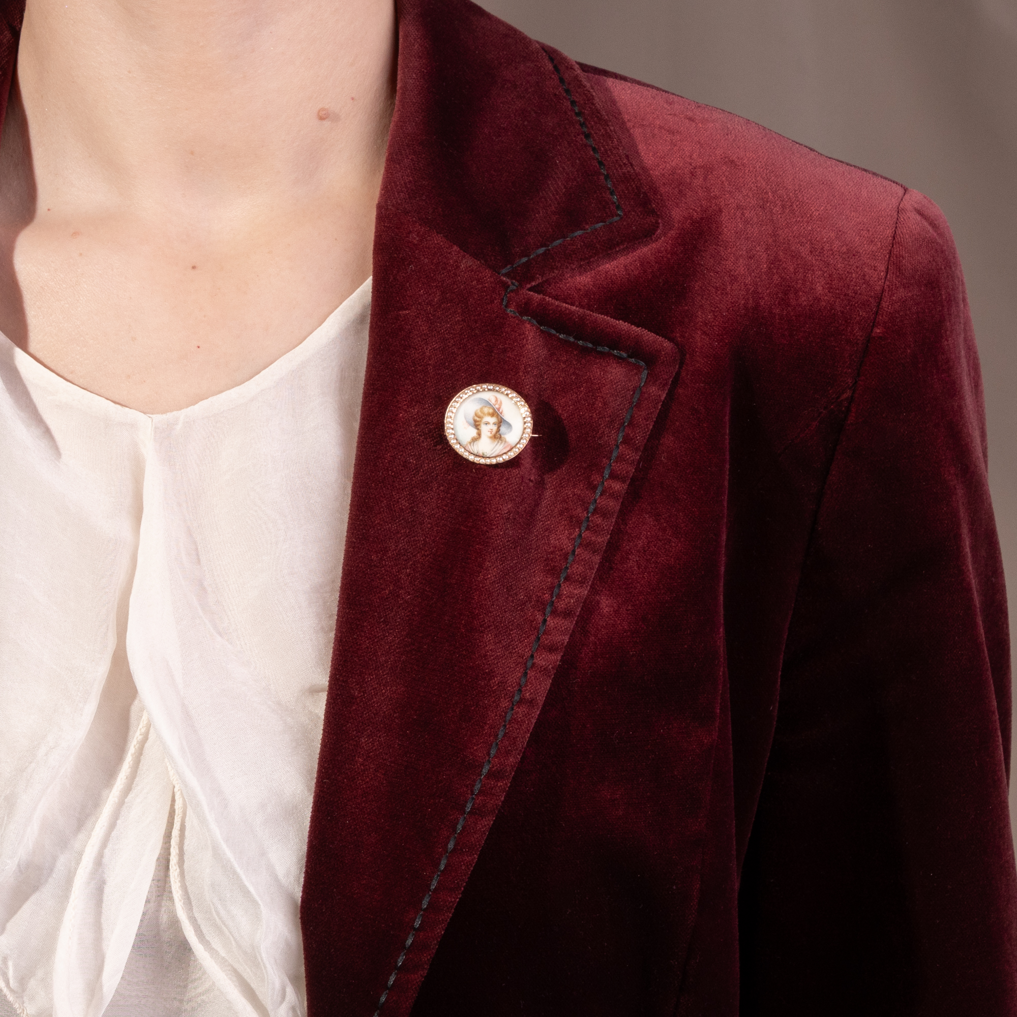 Antique Brooch with Miniature Painting in Gold & Pearls, c. 1890 Antique Brooch with Miniature Painting in Gold & Pearls, c. 1890