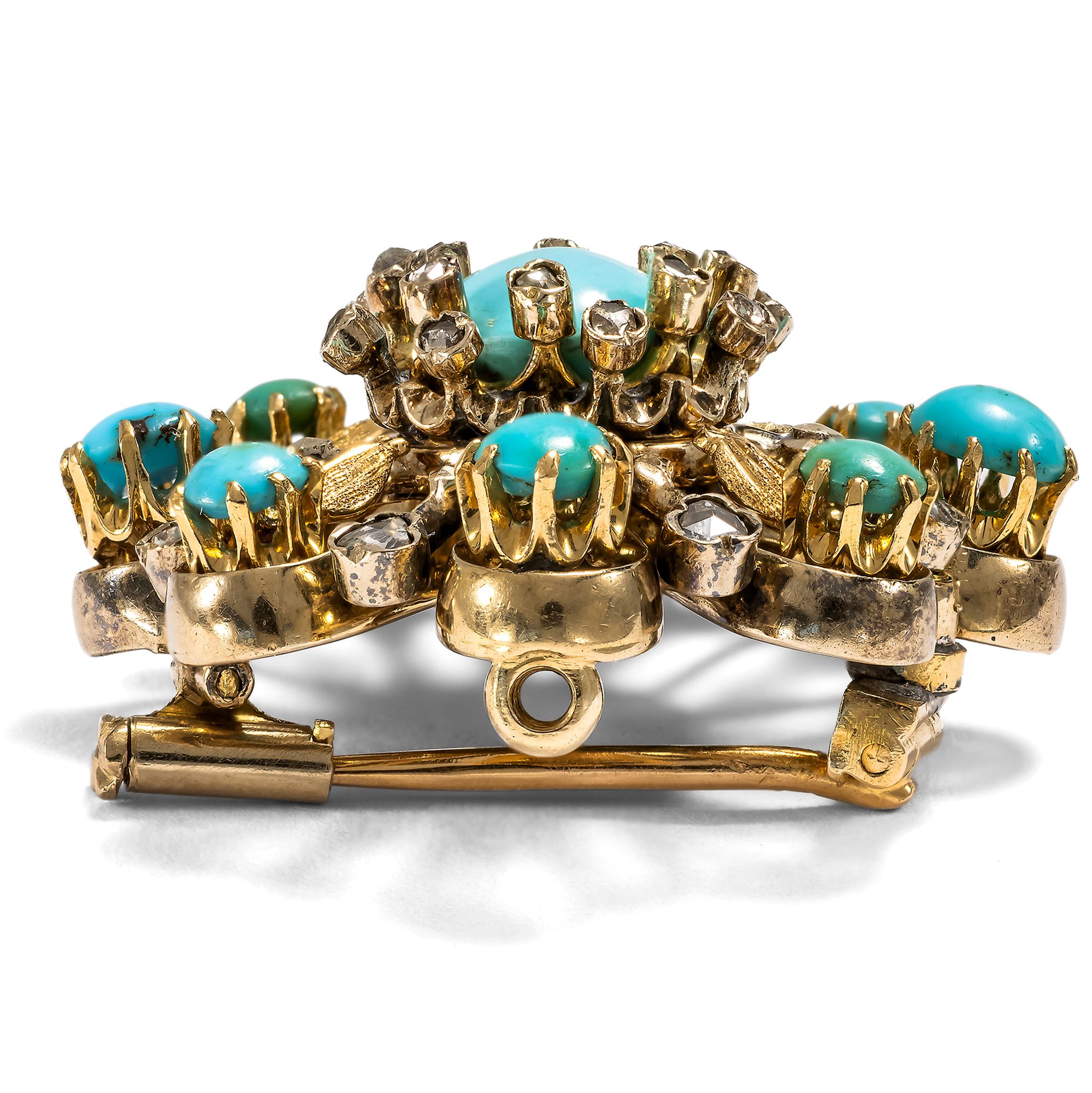 Antique Brooch with Turquoises and Diamonds in Gold, ca. 1880 Antique Brooch with Turquoises and Diamonds in Gold, ca. 1880