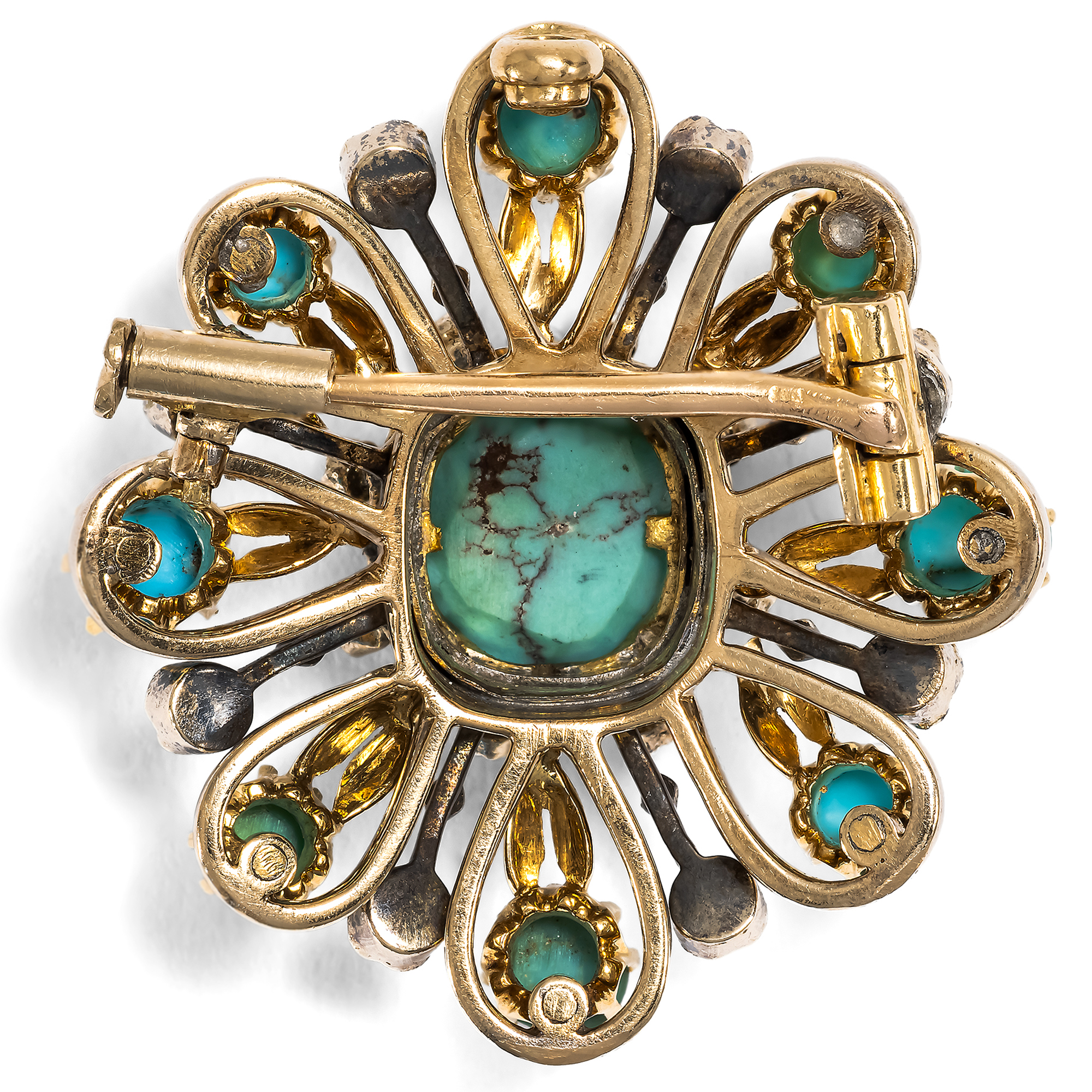 Antique Brooch with Turquoises and Diamonds in Gold, ca. 1880 Antique Brooch with Turquoises and Diamonds in Gold, ca. 1880