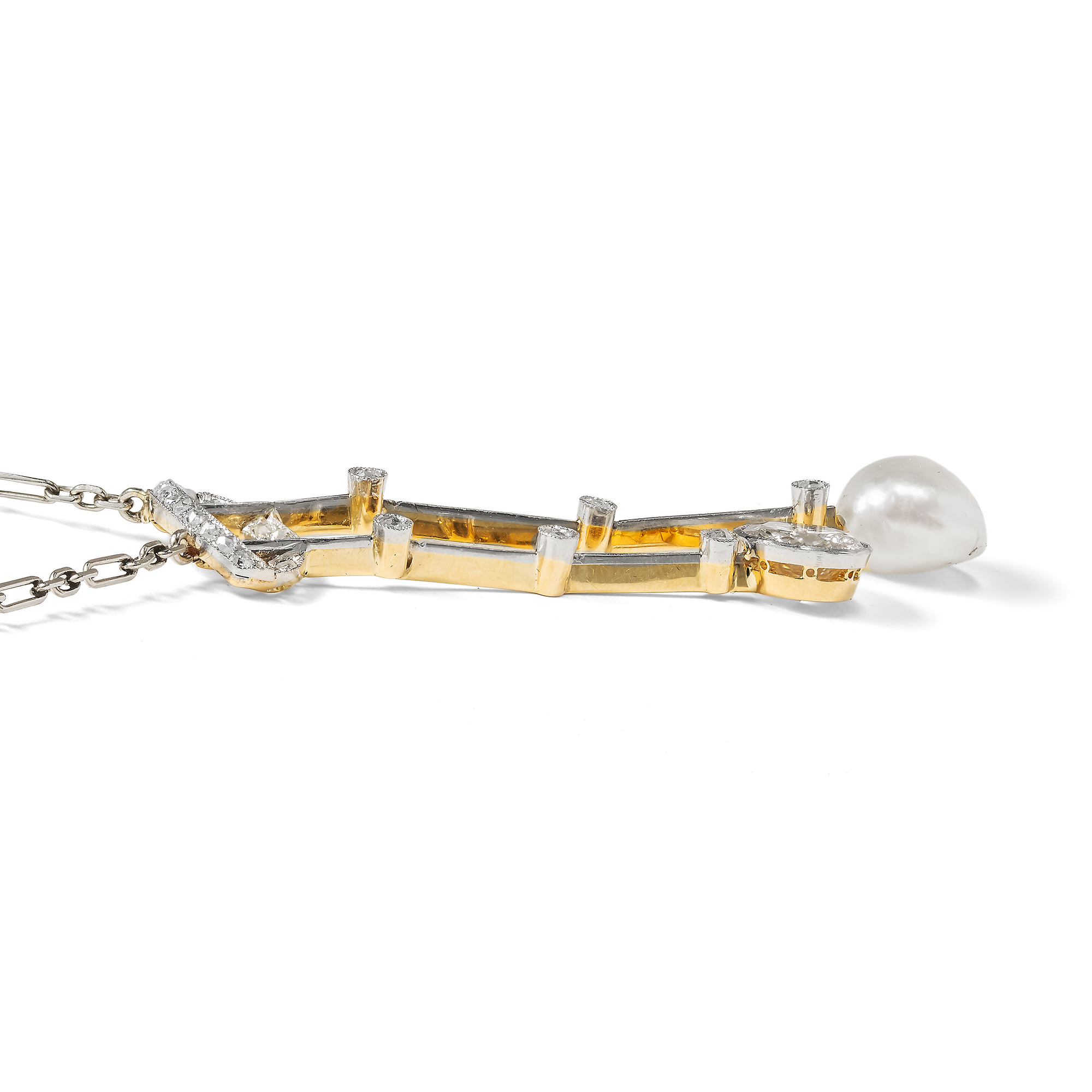 Antique "Negligé" Necklace with Natural Pearl & Diamonds, c. 1910 & Later Antique "Negligé" Necklace with Natural Pearl & Diamonds, c. 1910 & Later