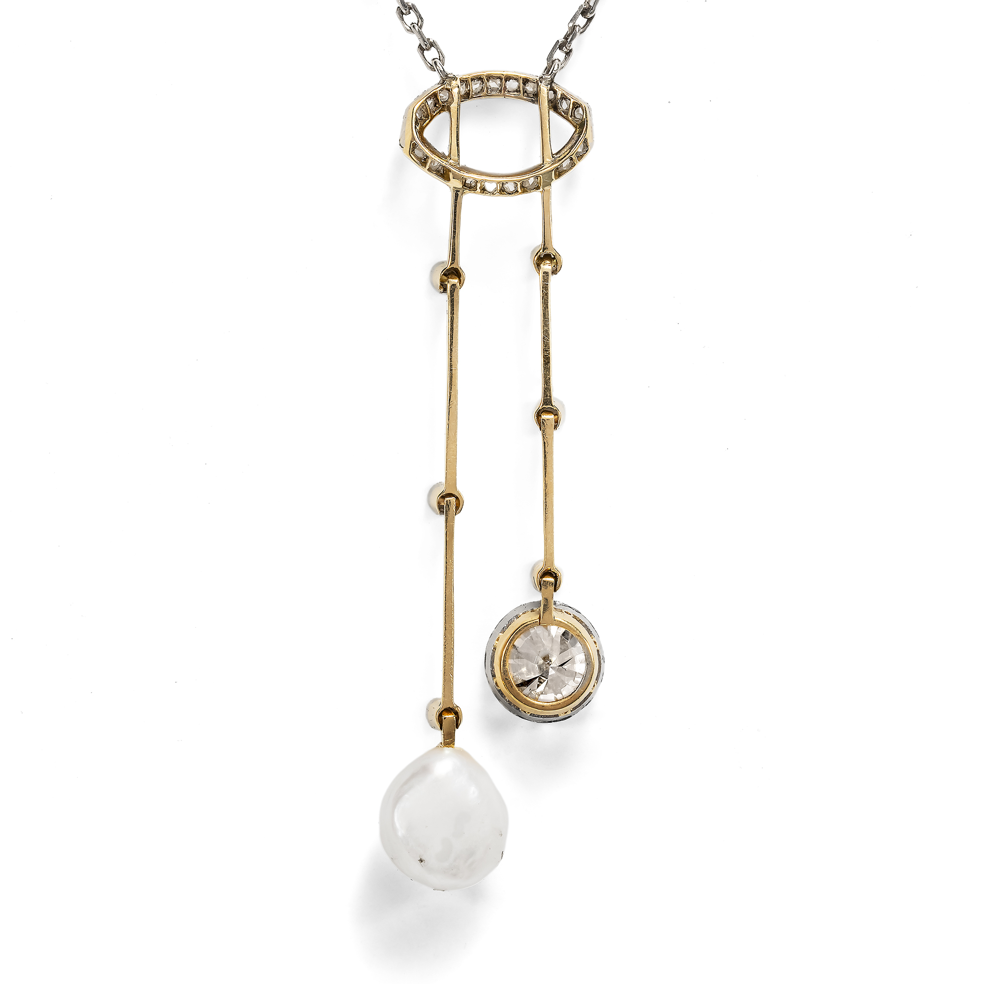 Antique "Negligé" Necklace with Natural Pearl & Diamonds, c. 1910 & Later Antique "Negligé" Necklace with Natural Pearl & Diamonds, c. 1910 & Later