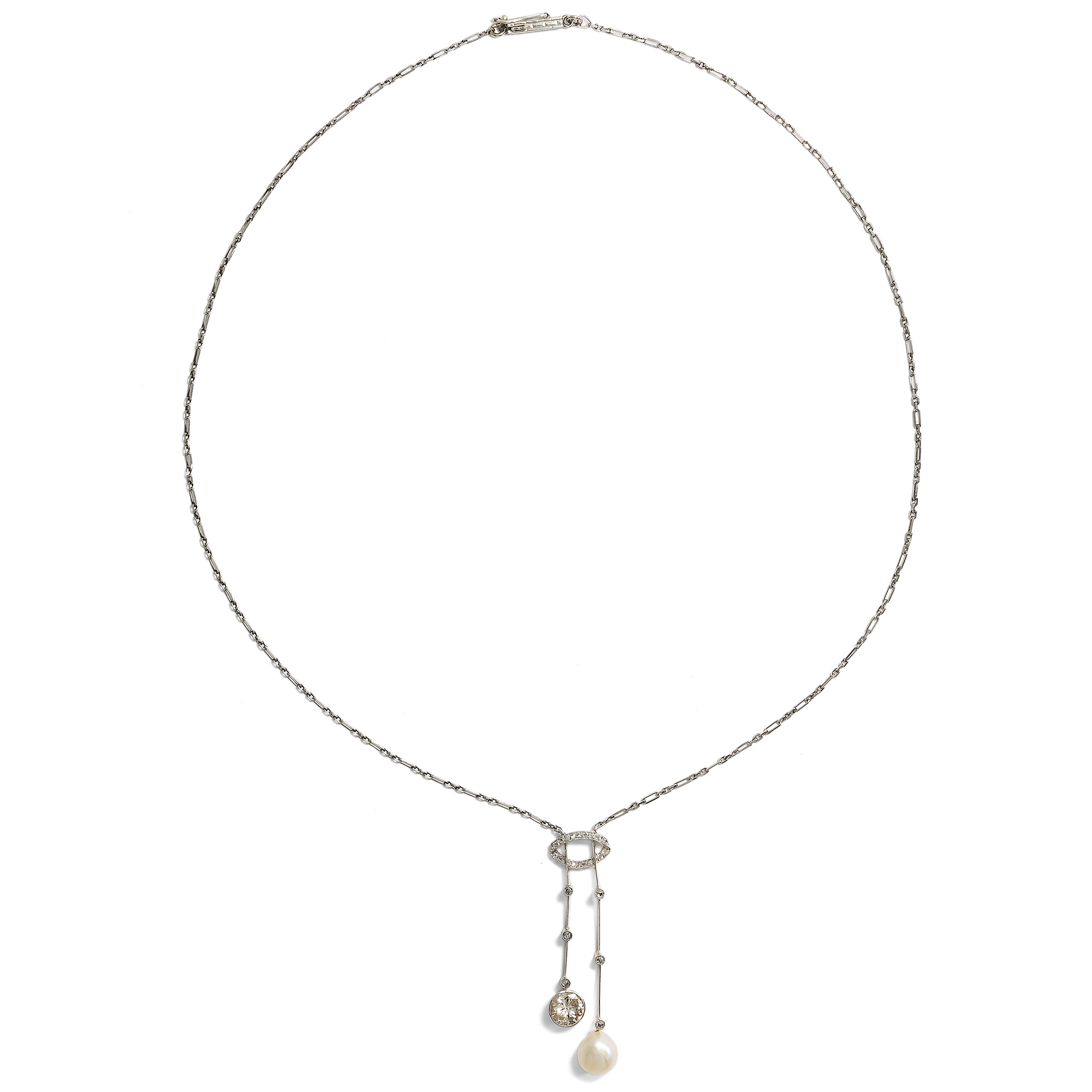 Antique "Negligé" Necklace with Natural Pearl & Diamonds, c. 1910 & Later Antique "Negligé" Necklace with Natural Pearl & Diamonds, c. 1910 & Later