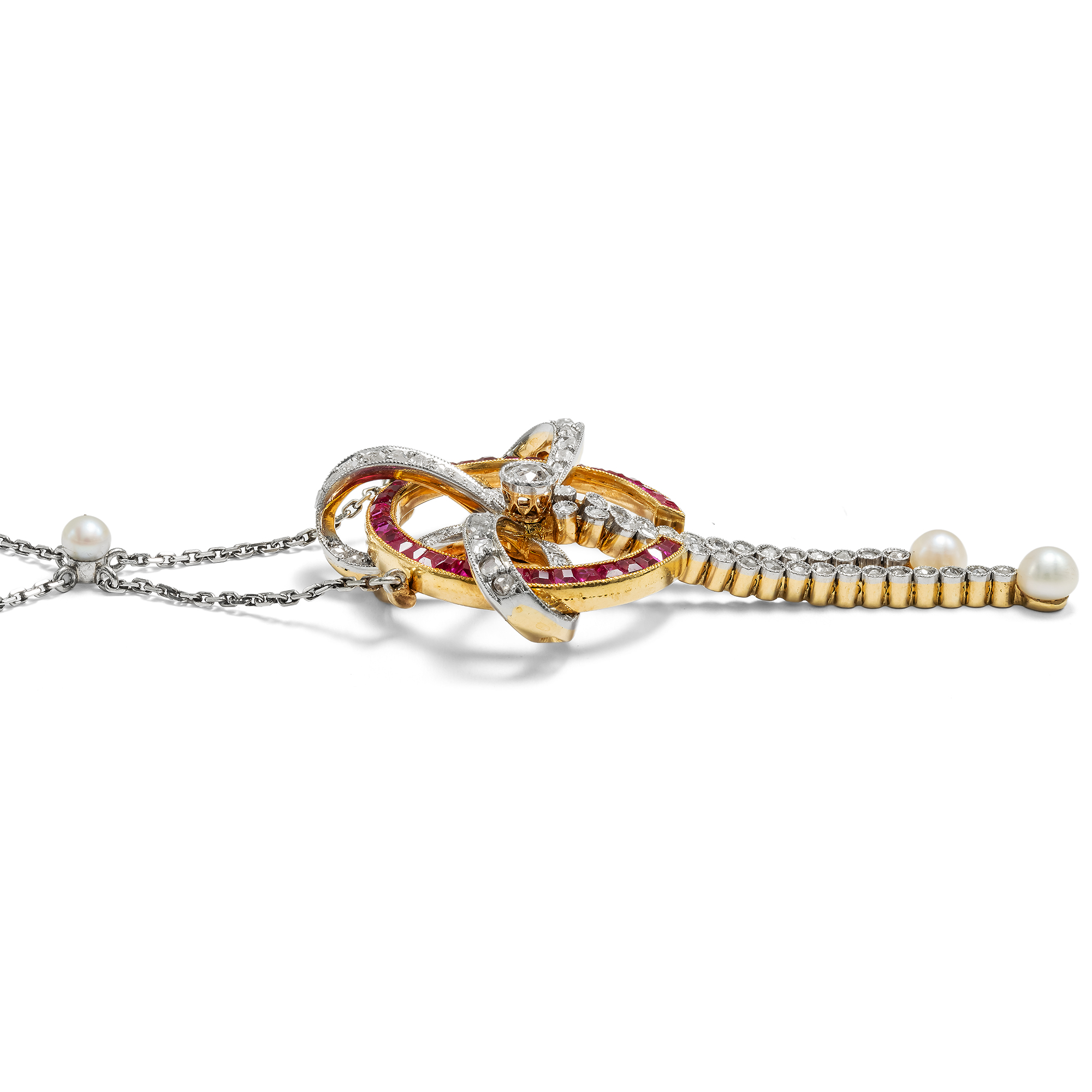 Elegantes Collier mit Diamanten, Perlen & Burma-Rubinen in Platin & Gold, zum 1910 Elegantes Collier mit Diamanten, Perlen & Burma-Rubinen in Platin & Gold, zum 1910