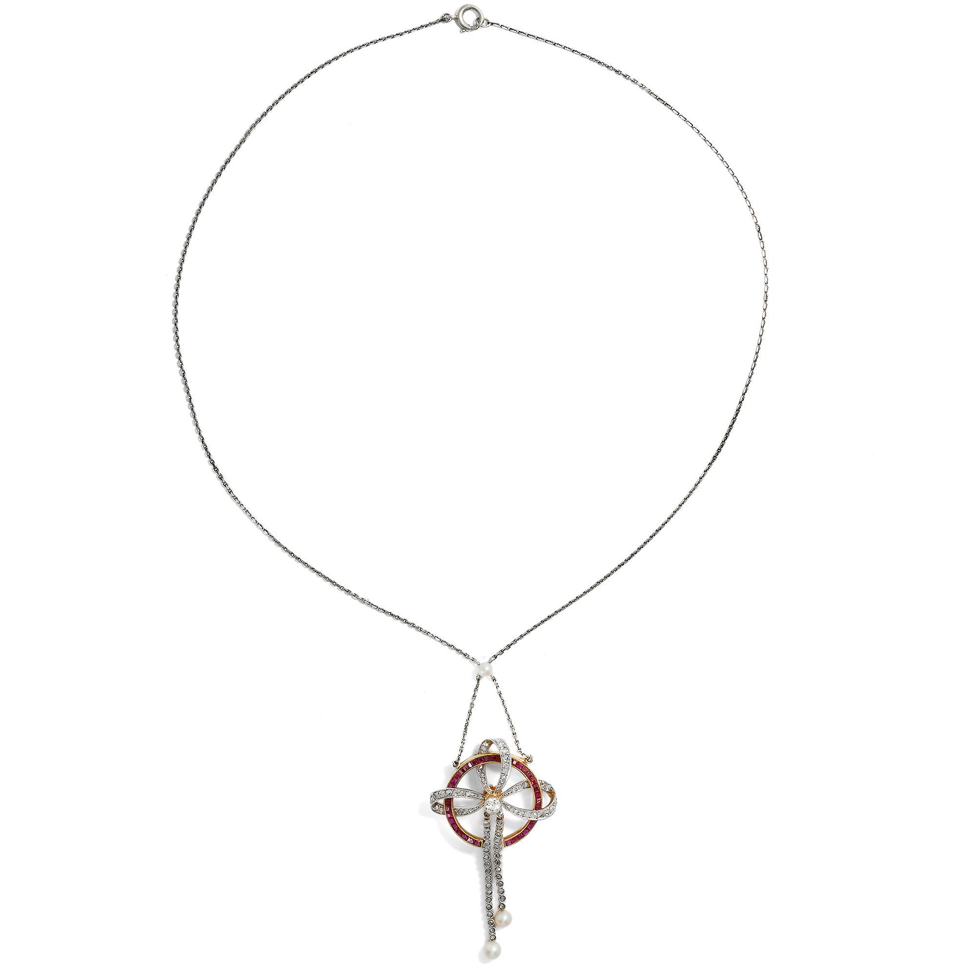 Elegantes Collier mit Diamanten, Perlen & Burma-Rubinen in Platin & Gold, zum 1910 Elegantes Collier mit Diamanten, Perlen & Burma-Rubinen in Platin & Gold, zum 1910