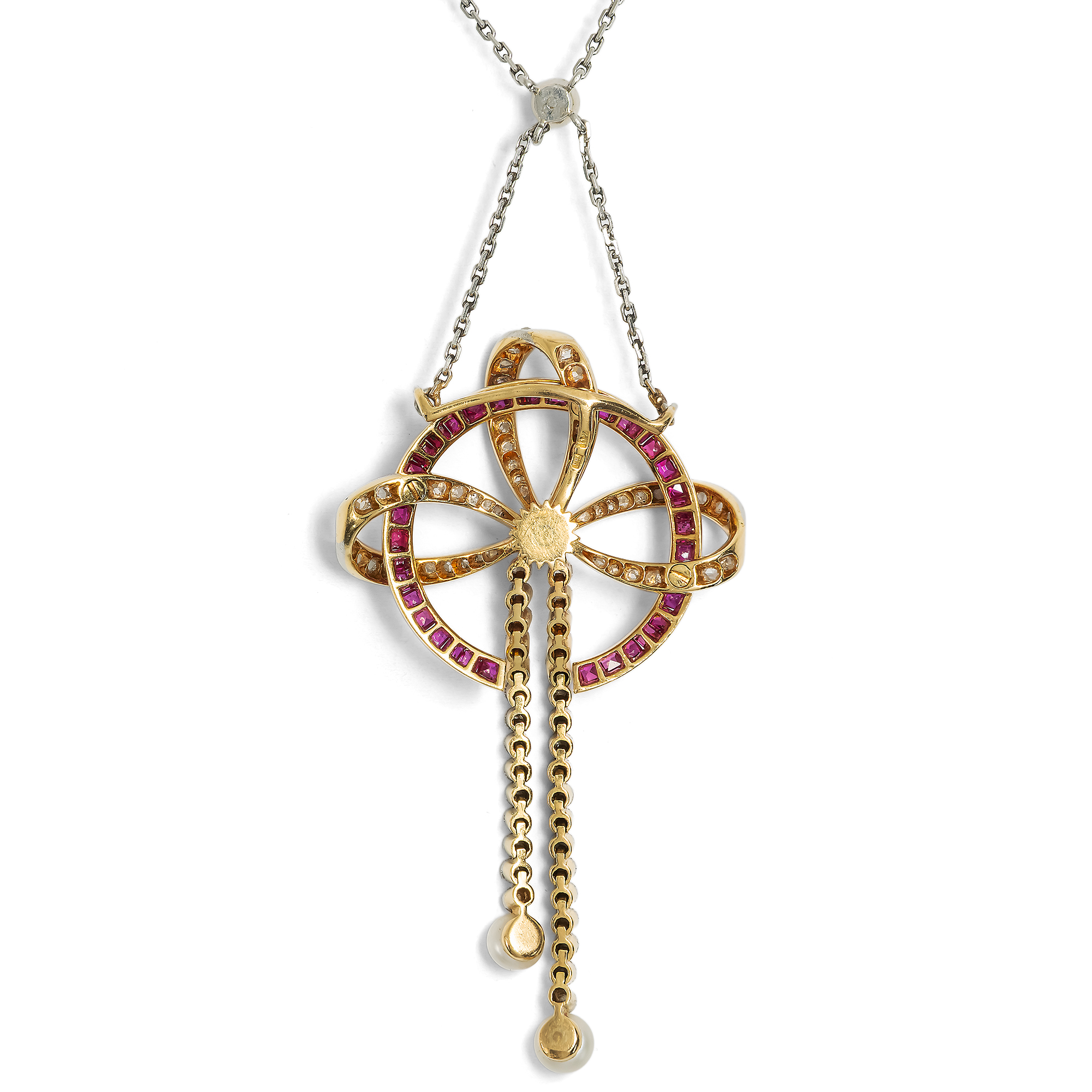 Elegantes Collier mit Diamanten, Perlen & Burma-Rubinen in Platin & Gold, zum 1910 Elegantes Collier mit Diamanten, Perlen & Burma-Rubinen in Platin & Gold, zum 1910
