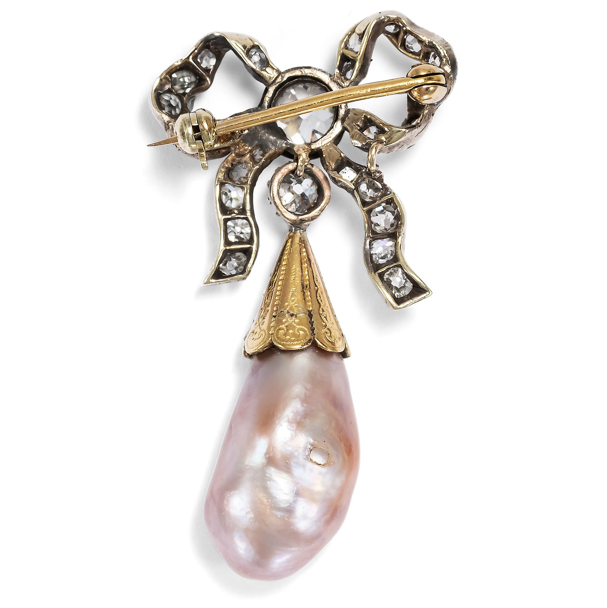 Kostbare Brosche mit mauvefarbener Naturperle und Diamanten, um 1880 & später Kostbare Brosche mit mauvefarbener Naturperle und Diamanten, um 1880 & später