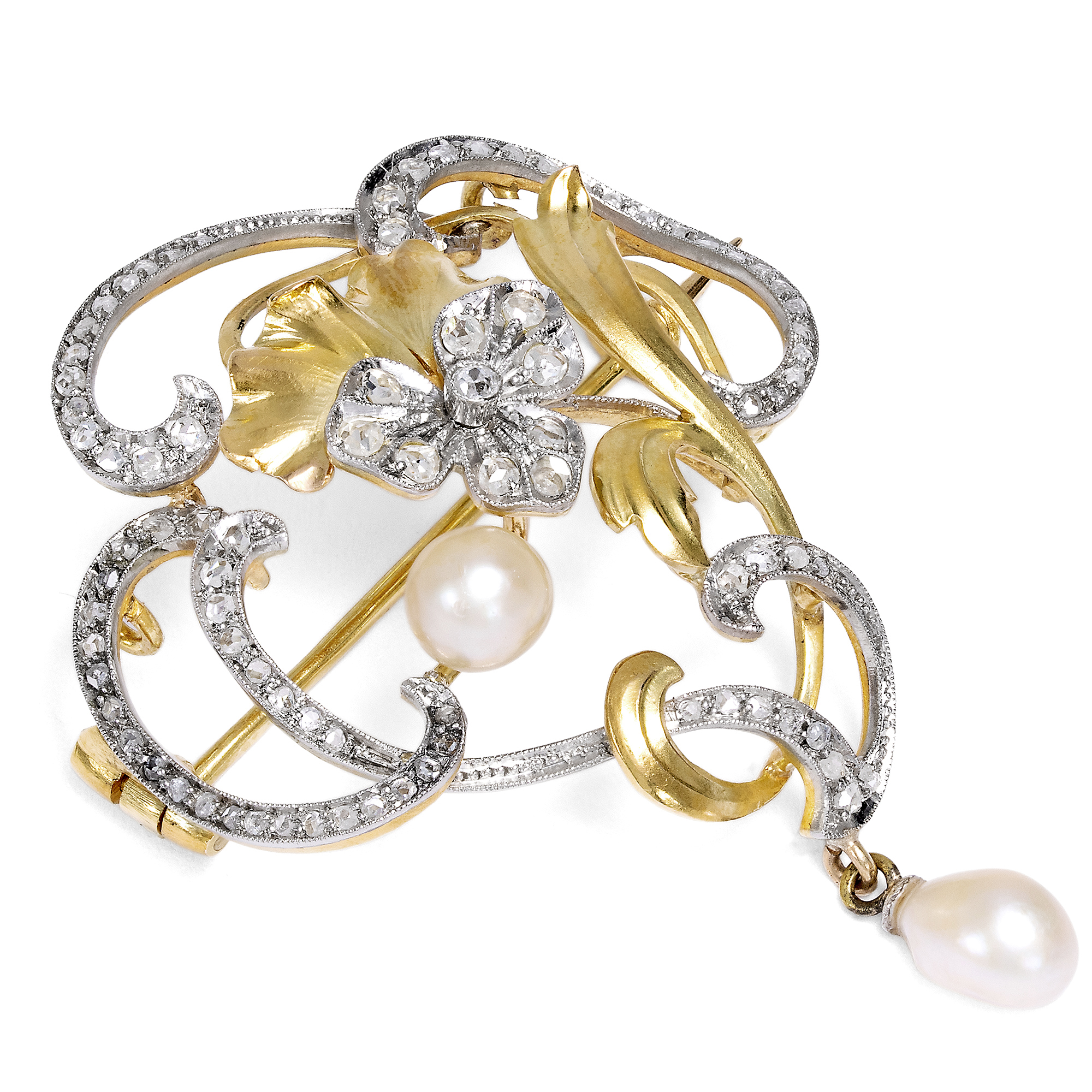 Antike Jugendstil-Brosche mit Diamanten & Naturperlen in Platin & Gold, um 1900 Antike Jugendstil-Brosche mit Diamanten & Naturperlen in Platin & Gold, um 1900