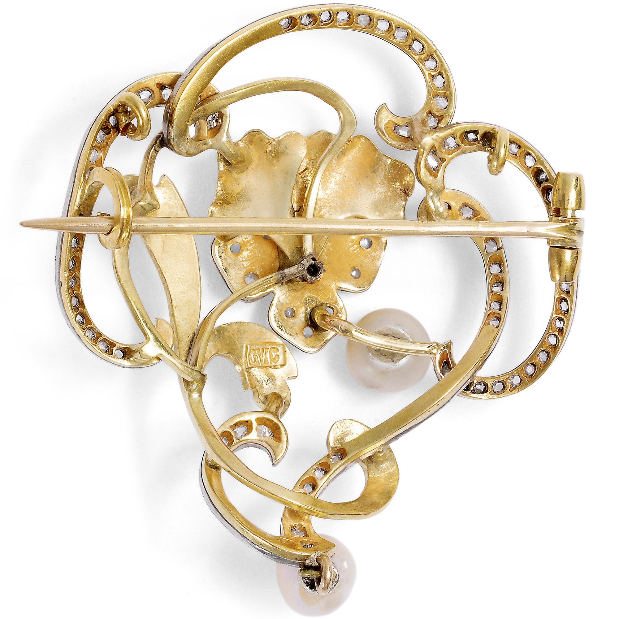 Antike Jugendstil-Brosche mit Diamanten & Naturperlen in Platin & Gold, um 1900 Antike Jugendstil-Brosche mit Diamanten & Naturperlen in Platin & Gold, um 1900