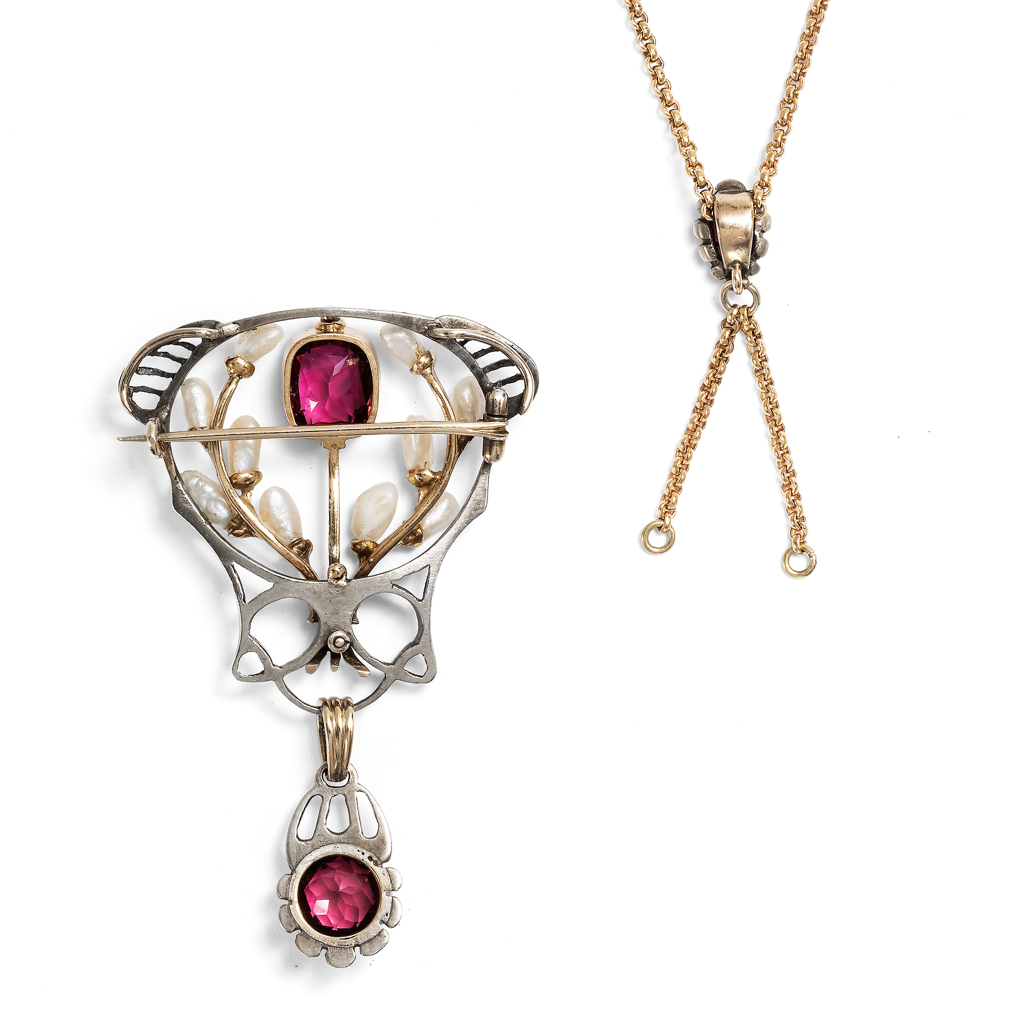 Seltene Anhänger-Brosche mit rosa Turmalinen, Karl Rothmüller, um 1905 Seltene Anhänger-Brosche mit rosa Turmalinen, Karl Rothmüller, um 1905