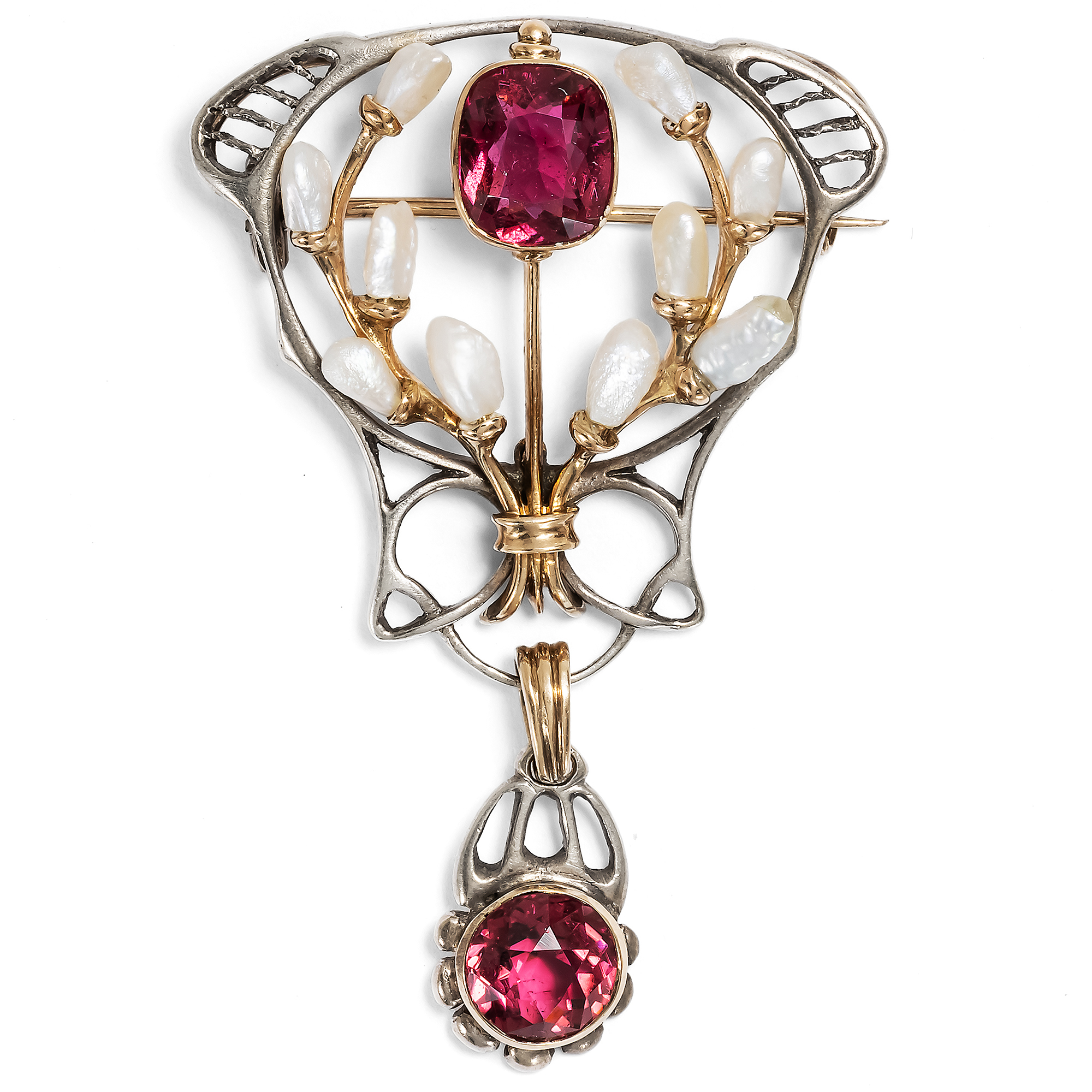 Seltene Anhänger-Brosche mit rosa Turmalinen, Karl Rothmüller, um 1905 Seltene Anhänger-Brosche mit rosa Turmalinen, Karl Rothmüller, um 1905