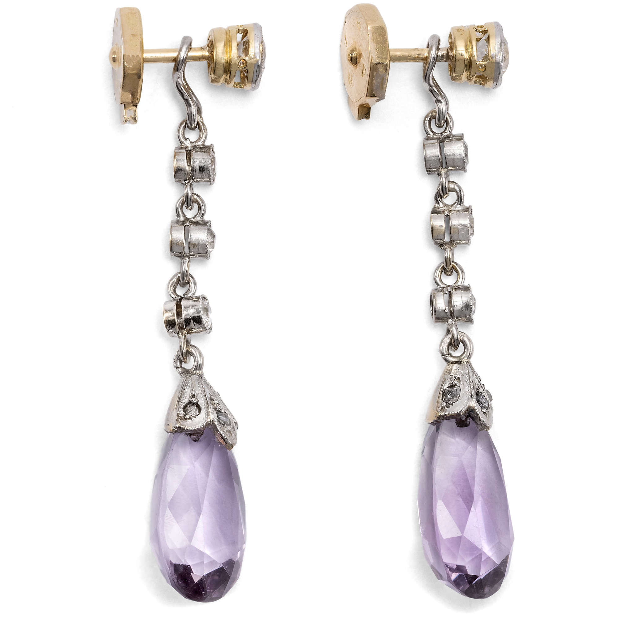 Zarte „Tag-und-Nacht“-Ohrringe mit Amethysten & Diamanten, um 1910 Zarte „Tag-und-Nacht“-Ohrringe mit Amethysten & Diamanten, um 1910