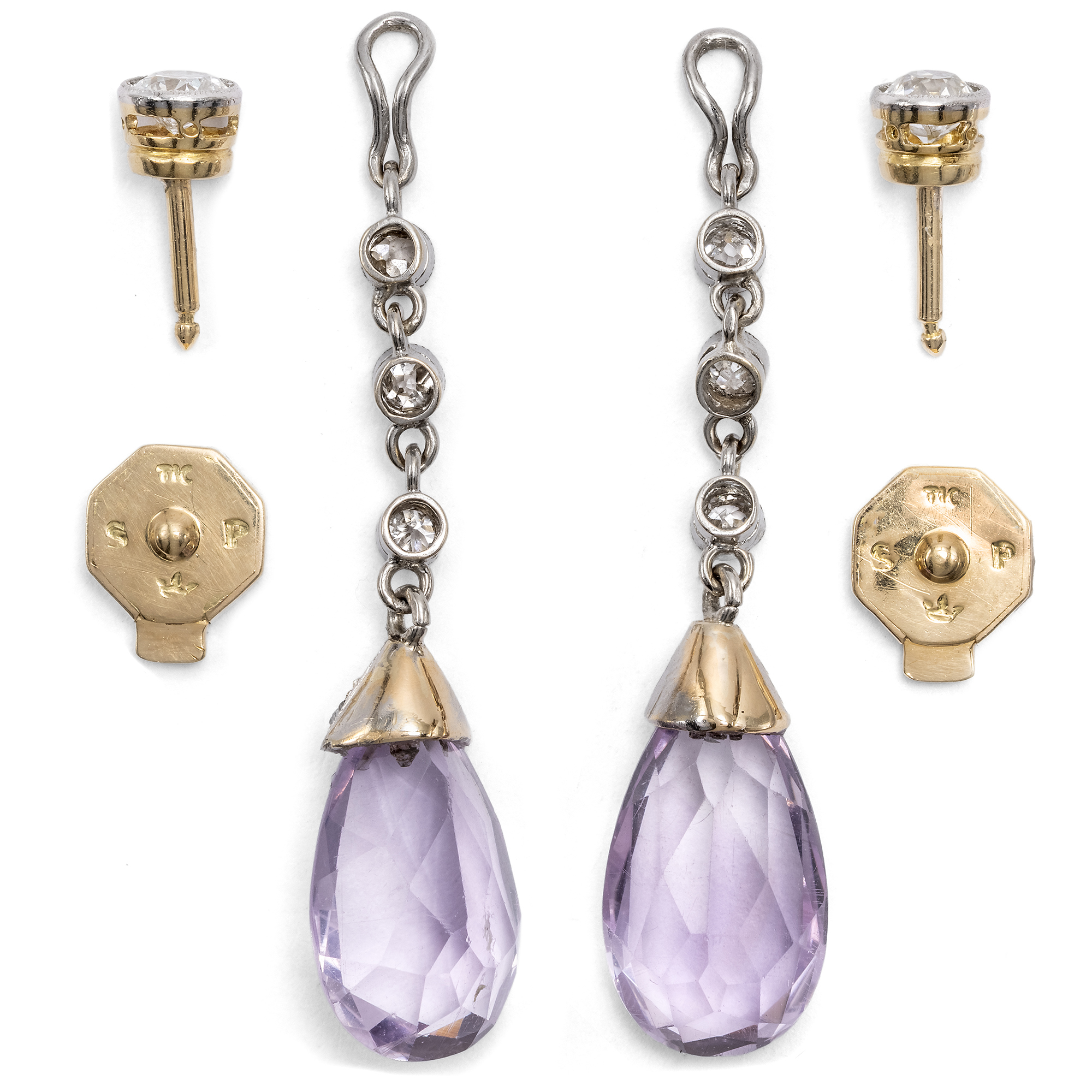 Zarte „Tag-und-Nacht“-Ohrringe mit Amethysten & Diamanten, um 1910 Zarte „Tag-und-Nacht“-Ohrringe mit Amethysten & Diamanten, um 1910