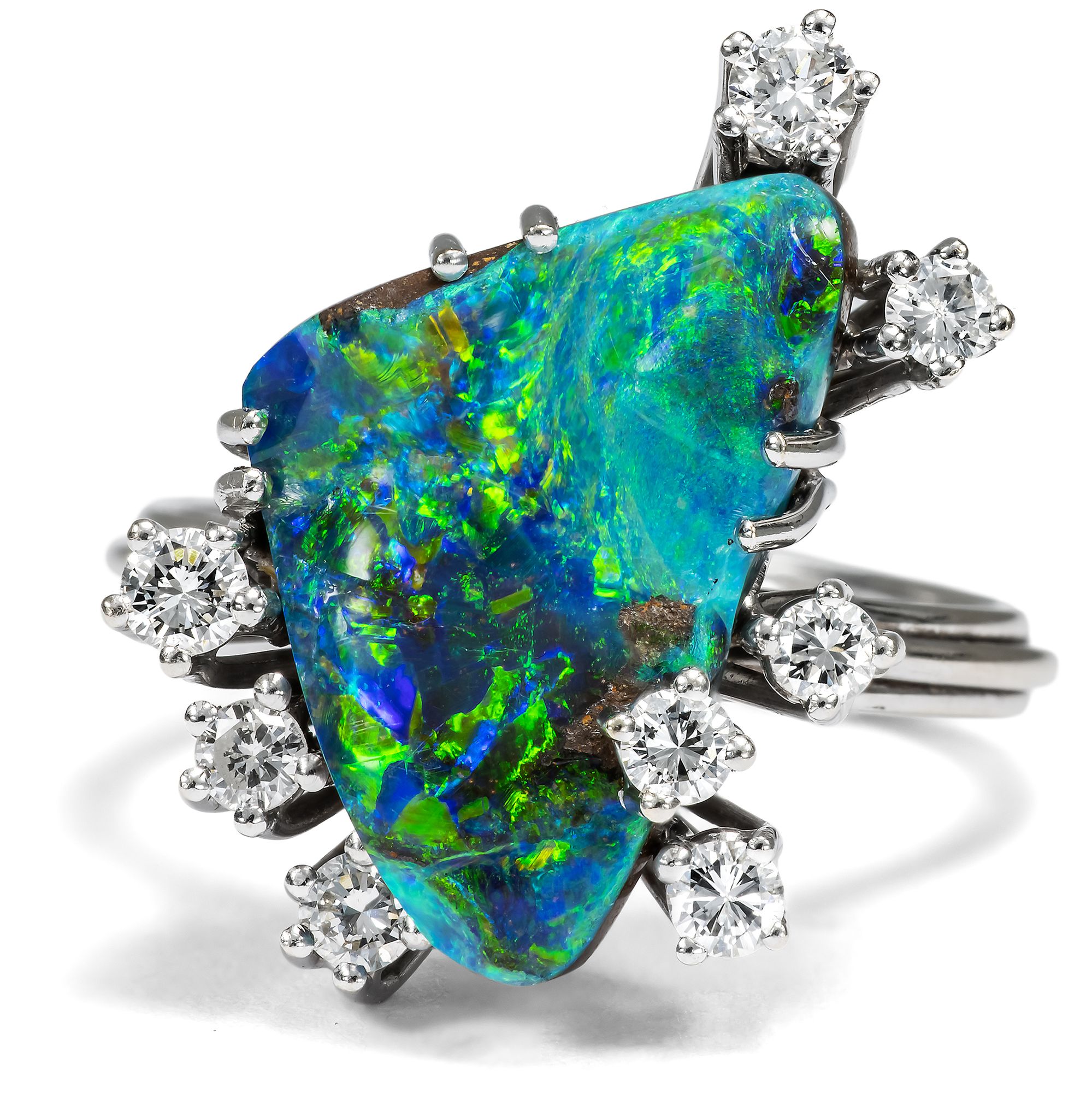 Vintage Ring mit Schwarzopal & Diamanten in Weißgold, um 1985 Vintage Ring mit Schwarzopal & Diamanten in Weißgold, um 1985