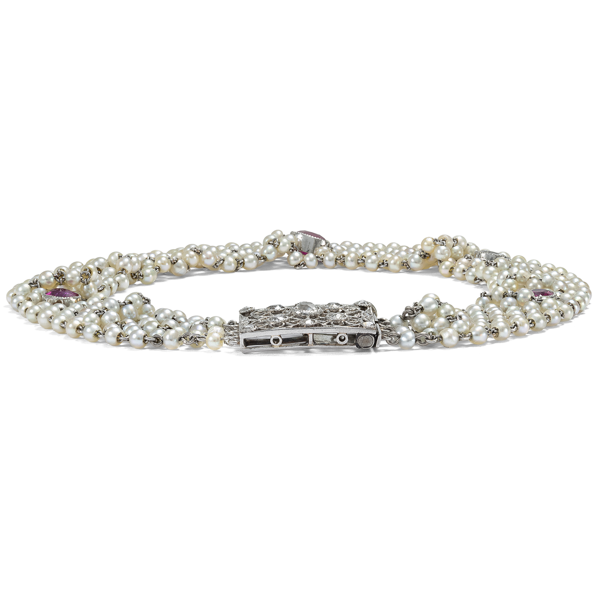 Exquisites Armband mit unbehandelten Burma-Rubinen, Diamanten & Perlen, um 1910 Exquisites Armband mit unbehandelten Burma-Rubinen, Diamanten & Perlen, um 1910