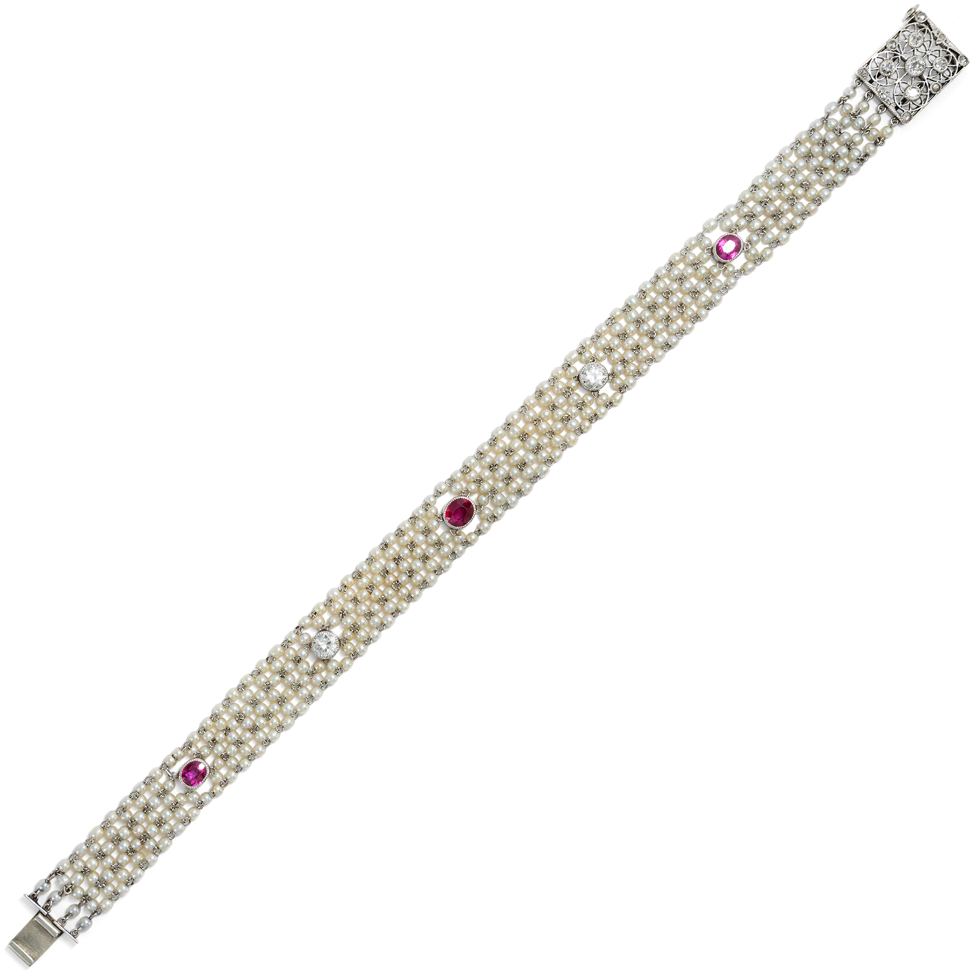 Exquisites Armband mit unbehandelten Burma-Rubinen, Diamanten & Perlen, um 1910 Exquisites Armband mit unbehandelten Burma-Rubinen, Diamanten & Perlen, um 1910