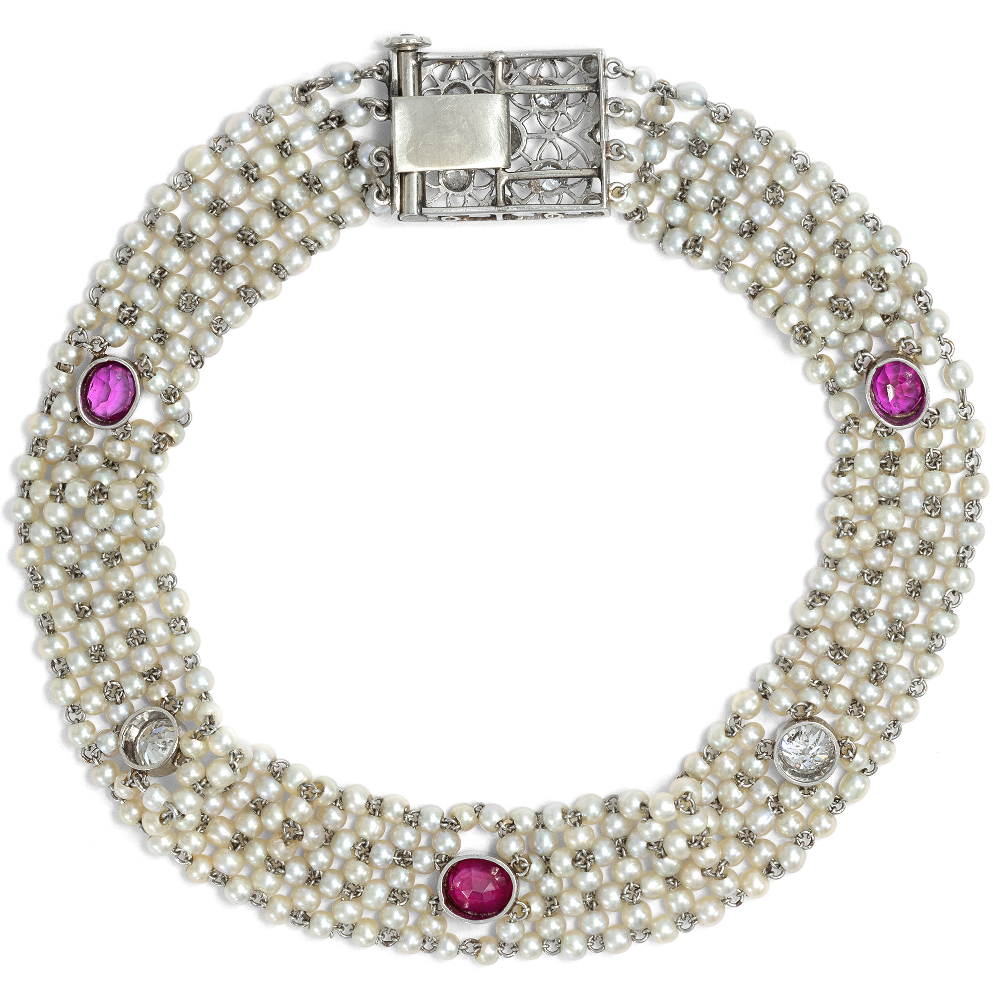 Exquisites Armband mit unbehandelten Burma-Rubinen, Diamanten & Perlen, um 1910 Exquisites Armband mit unbehandelten Burma-Rubinen, Diamanten & Perlen, um 1910