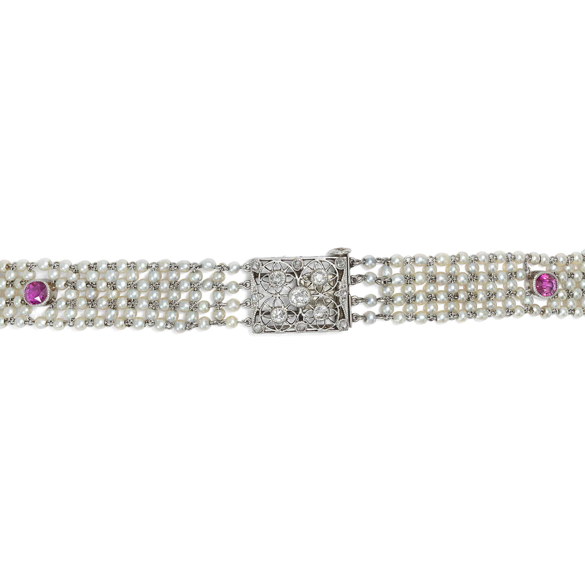 Exquisites Armband mit unbehandelten Burma-Rubinen, Diamanten & Perlen, um 1910 Exquisites Armband mit unbehandelten Burma-Rubinen, Diamanten & Perlen, um 1910