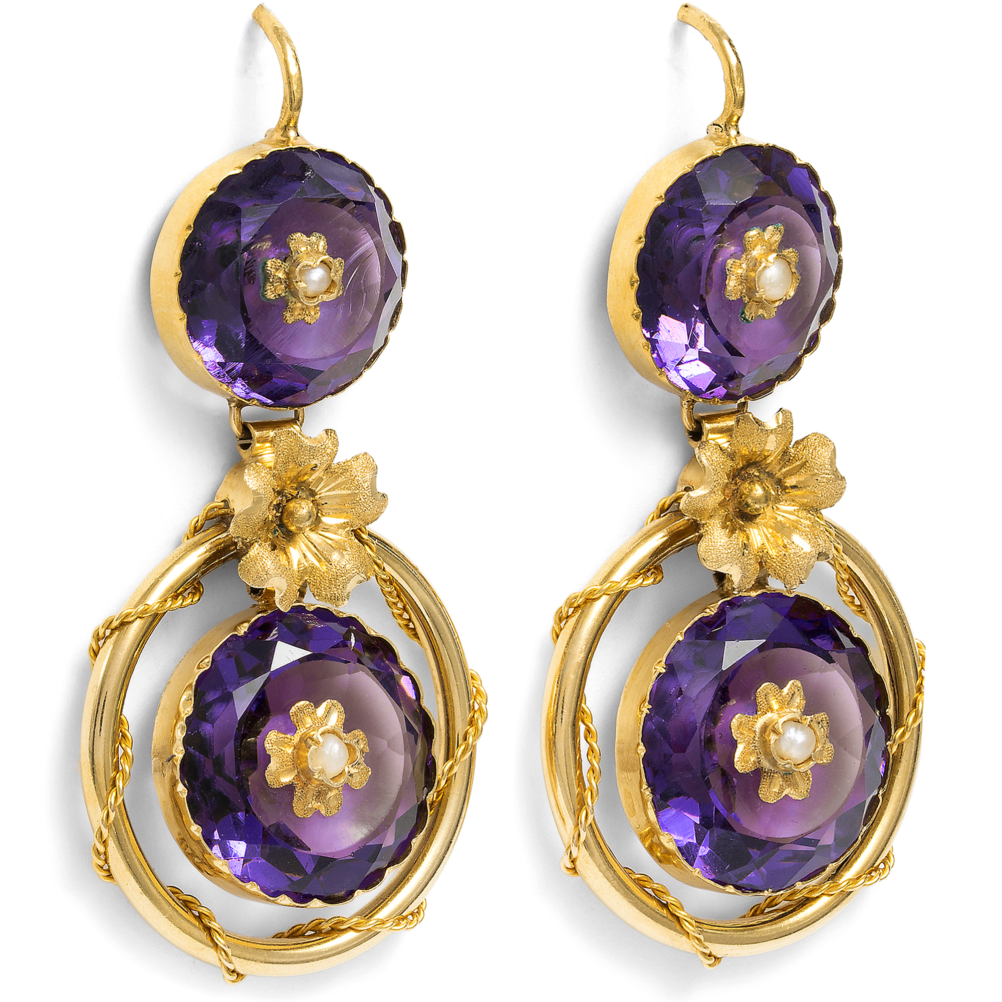 Prachtvolle Demi-Parure aus Brosche & Ohrringen mit Amethysten & Perlen, Paris um 1875 Prachtvolle Demi-Parure aus Brosche & Ohrringen mit Amethysten & Perlen, Paris um 1875