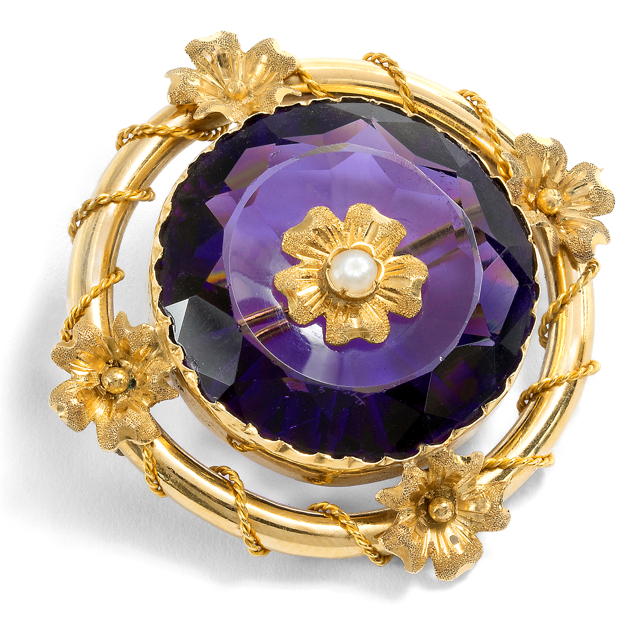 Prachtvolle Demi-Parure aus Brosche & Ohrringen mit Amethysten & Perlen, Paris um 1875 Prachtvolle Demi-Parure aus Brosche & Ohrringen mit Amethysten & Perlen, Paris um 1875