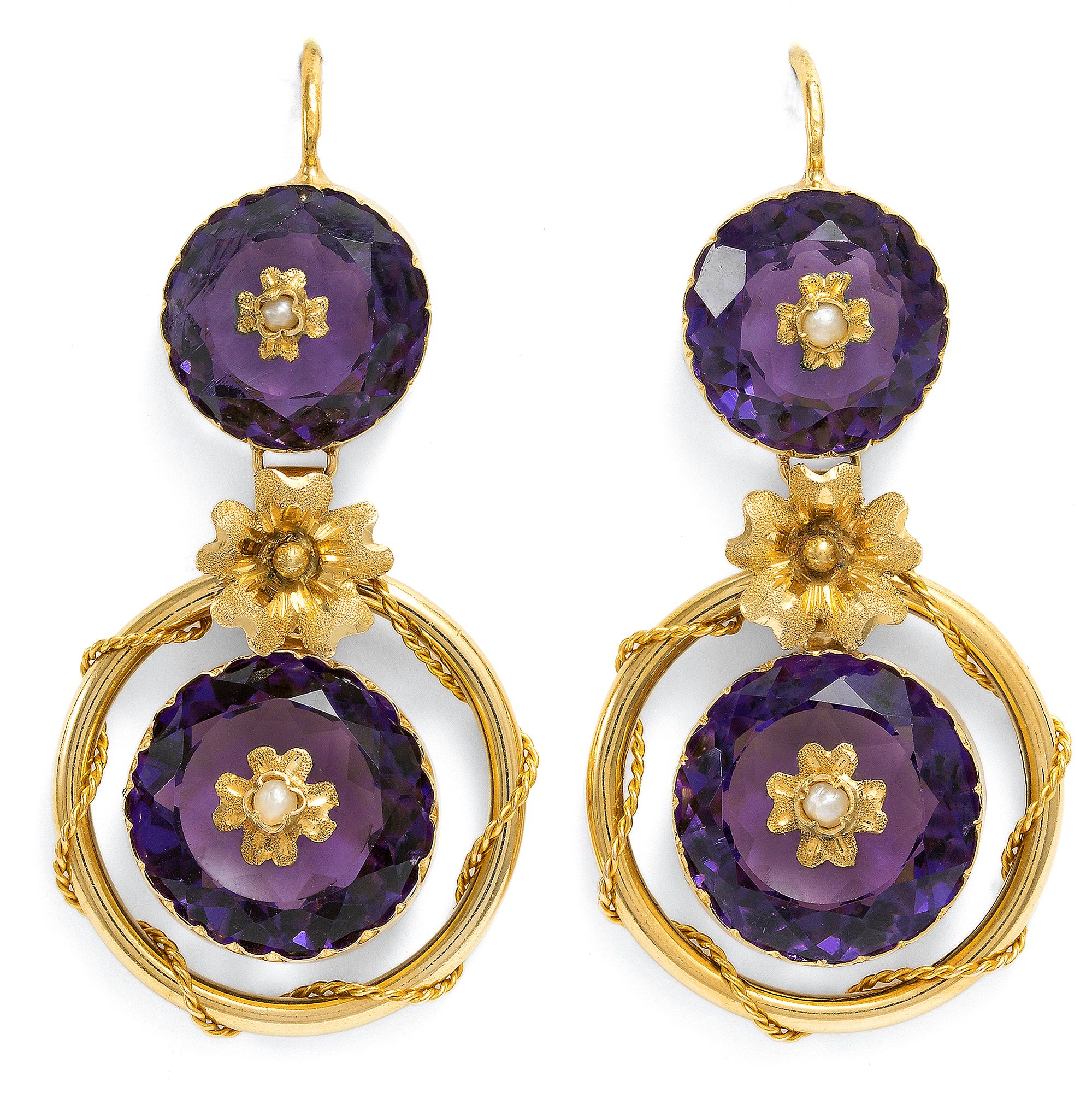 Prachtvolle Demi-Parure aus Brosche & Ohrringen mit Amethysten & Perlen, Paris um 1875 Prachtvolle Demi-Parure aus Brosche & Ohrringen mit Amethysten & Perlen, Paris um 1875