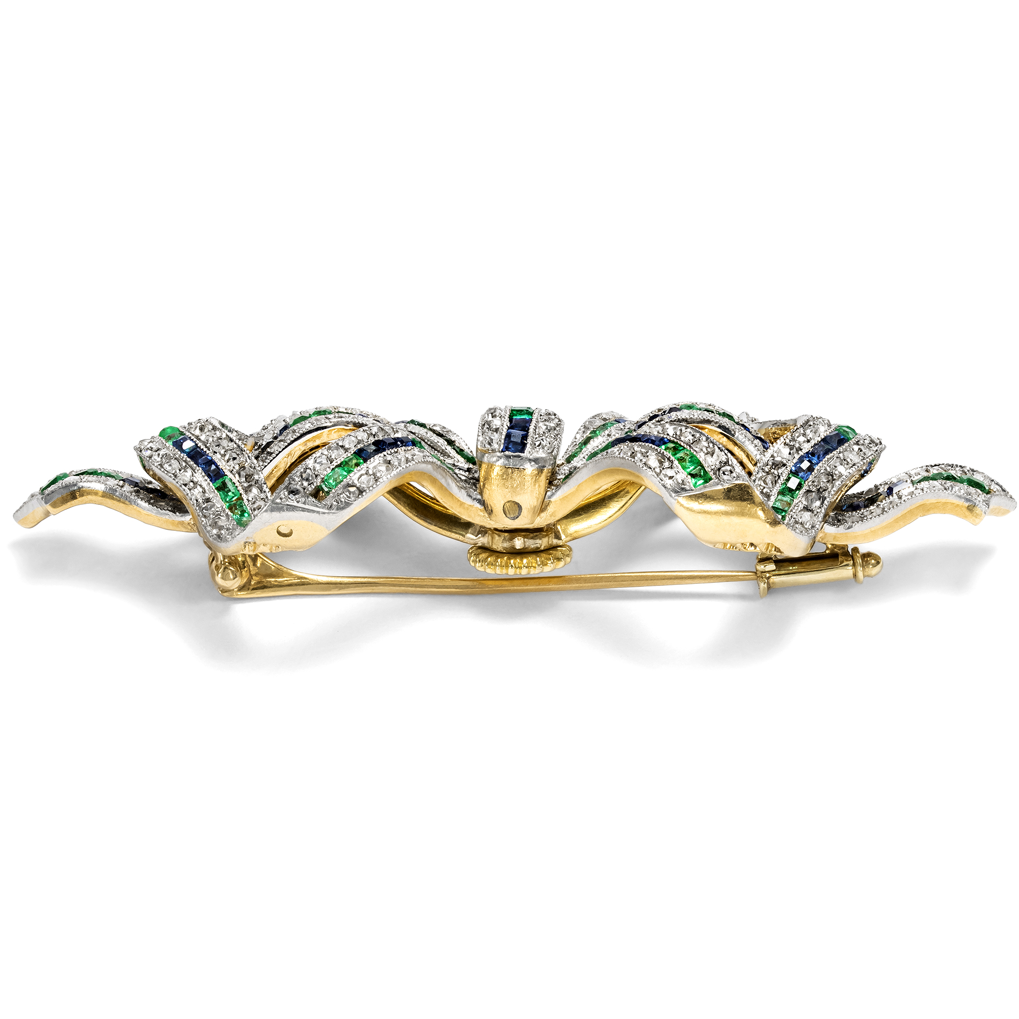 Exquisite Brosche mit Smaragden, Saphiren & Diamanten, um 1915 Exquisite Brosche mit Smaragden, Saphiren & Diamanten, um 1915