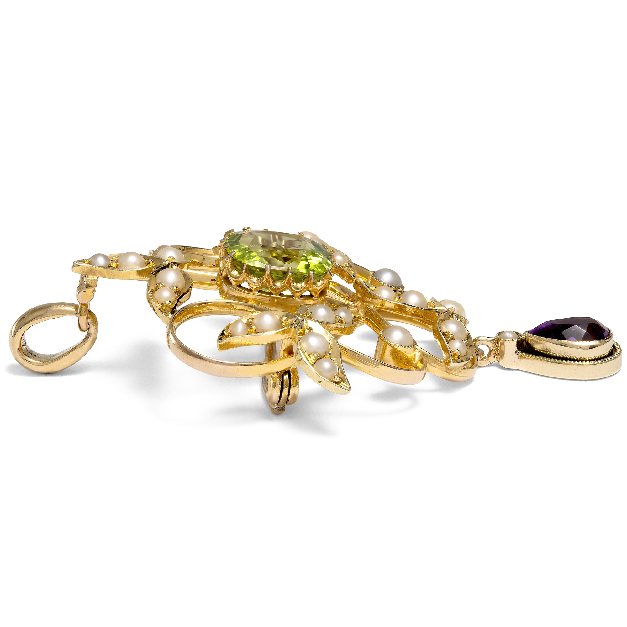 Antike Anhänger-Brosche mit Amethyst, Perlen & Peridot in Gold, um 1905 & später Antike Anhänger-Brosche mit Amethyst, Perlen & Peridot in Gold, um 1905 & später