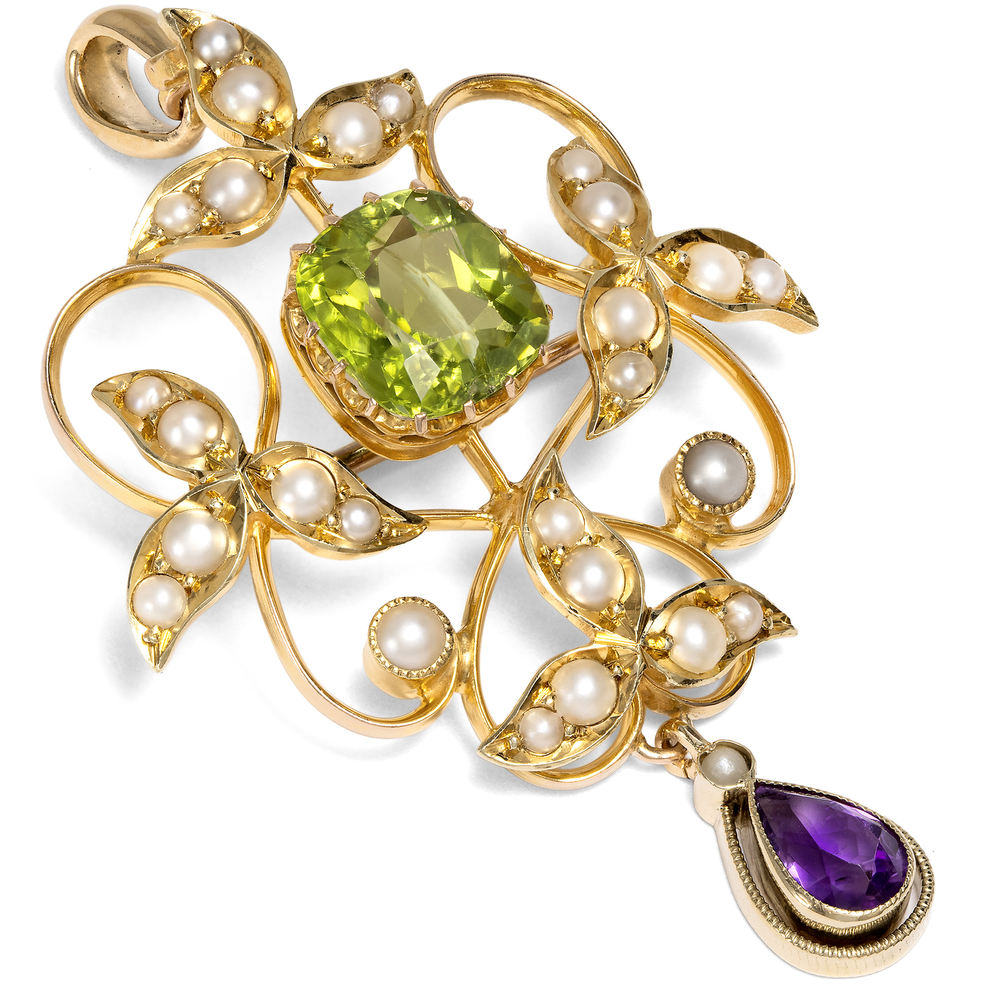 Antike Anhänger-Brosche mit Amethyst, Perlen & Peridot in Gold, um 1905 & später Antike Anhänger-Brosche mit Amethyst, Perlen & Peridot in Gold, um 1905 & später