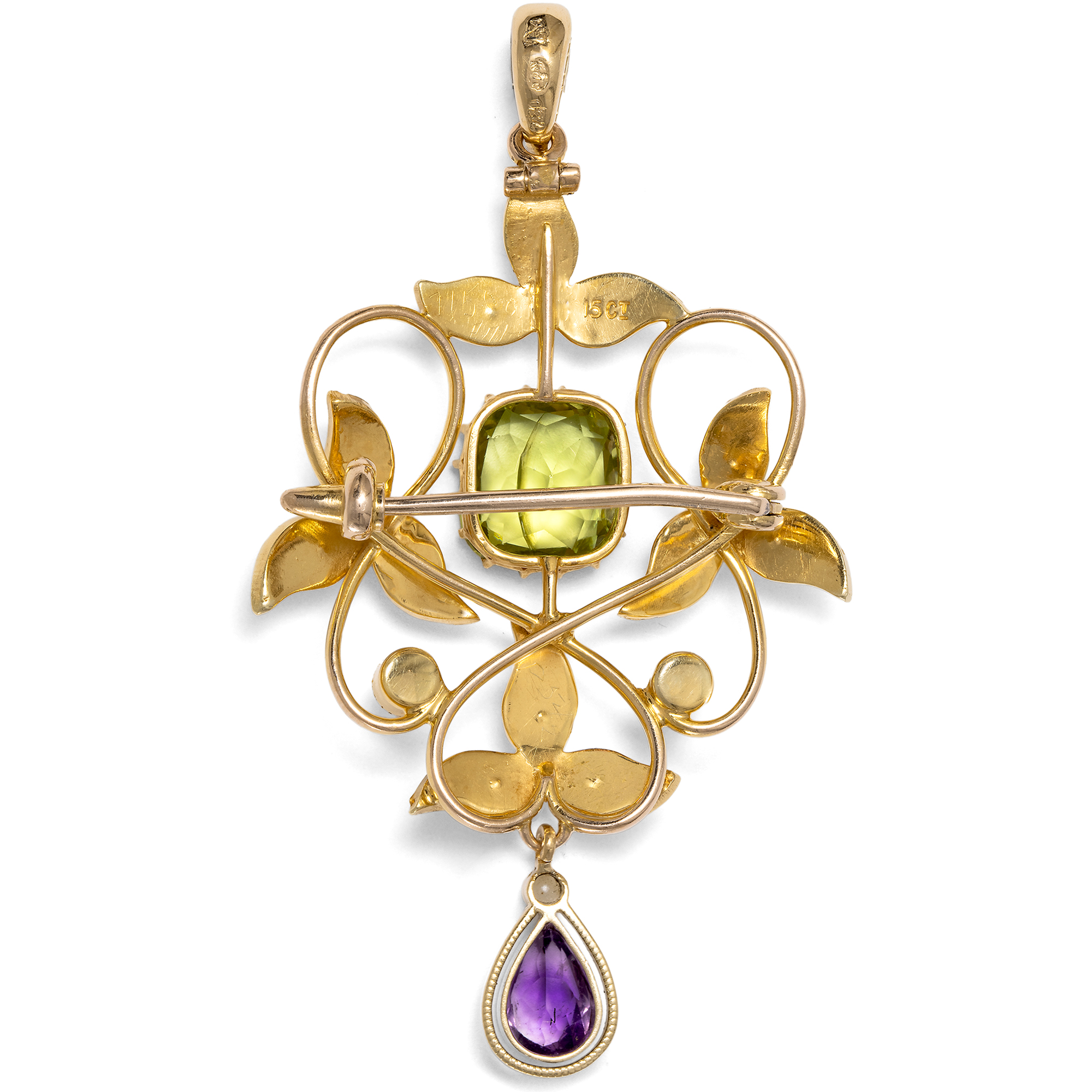 Antike Anhänger-Brosche mit Amethyst, Perlen & Peridot in Gold, um 1905 & später Antike Anhänger-Brosche mit Amethyst, Perlen & Peridot in Gold, um 1905 & später